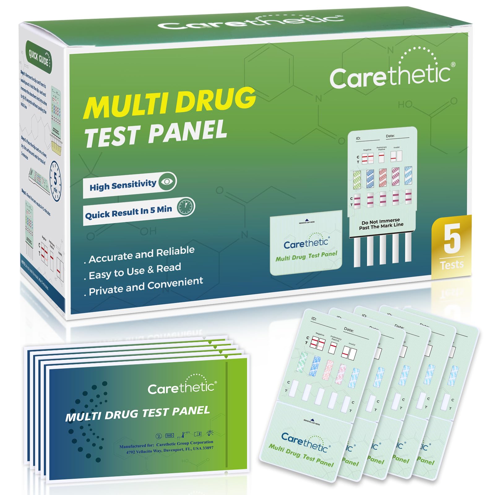 Carethetic 5-panel test amphetamines-boite: emballage discret pour test à domicile.
