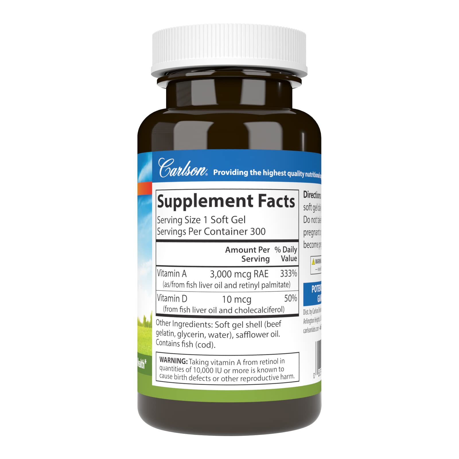 Carlson A&D – étiquette détaillée montrant les vitamines A et D3