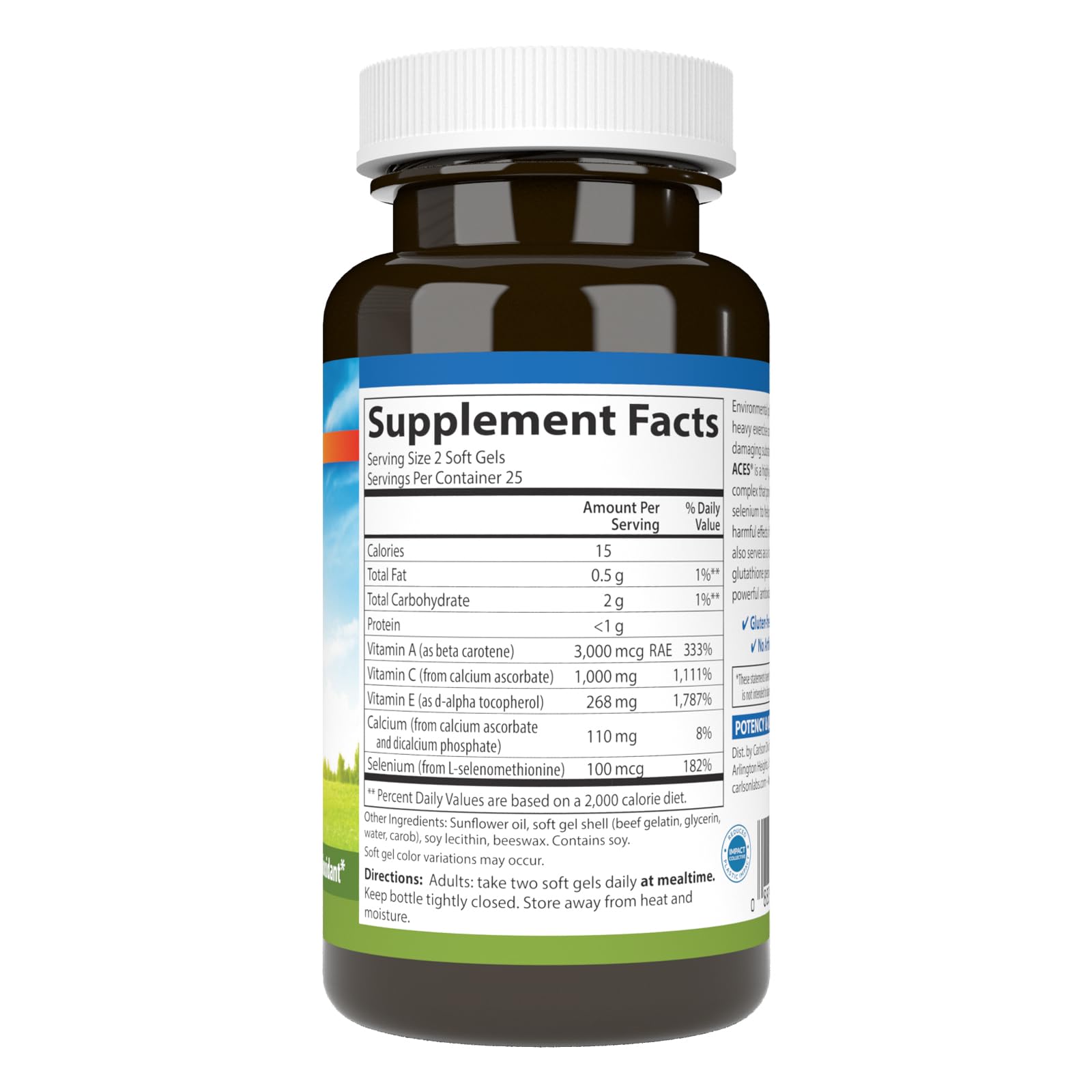 Carlson ACES : etiquette détaillant vitamines A, C, E et sélénium pour l’immunité.