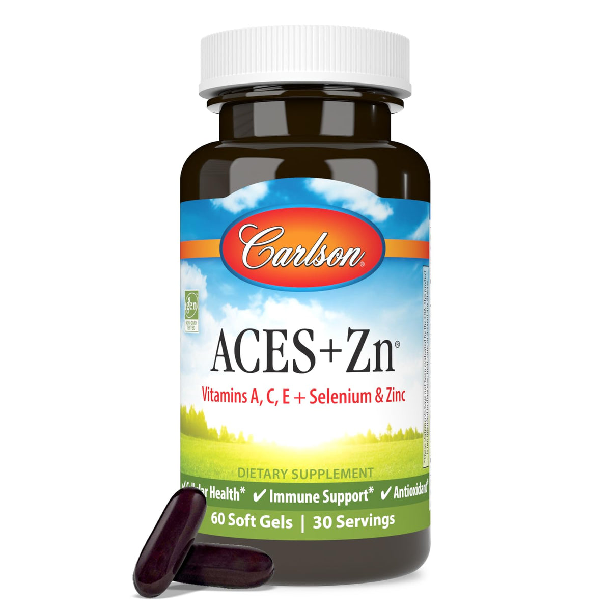 Carlson ACES + Zn – Bouteille ambrée et gélules faciles à prendre pour le soutien immunitaire potentiel.