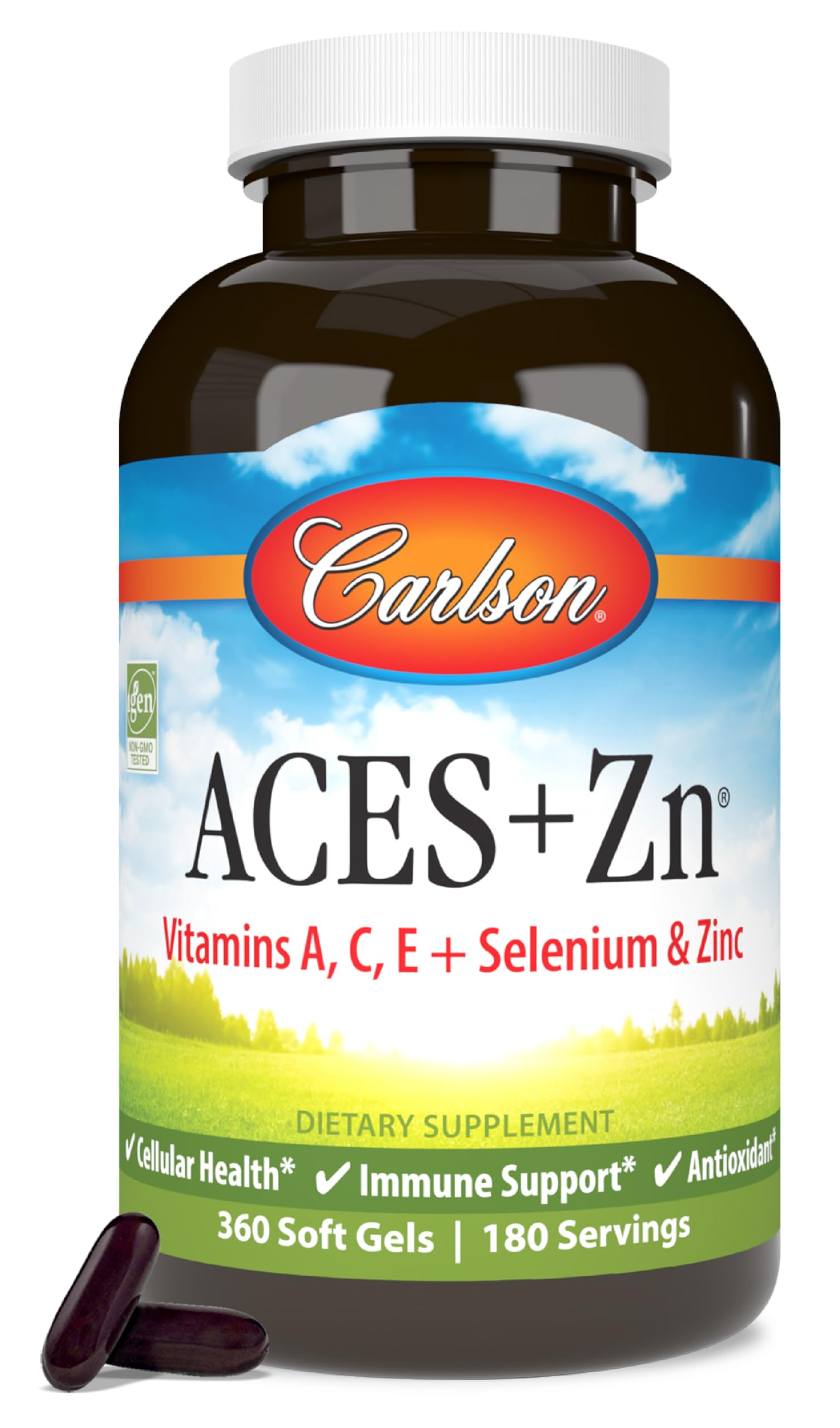 Carlson ACES + Zn : boîte visible, gélules souples, antioxydants et zinc pour un complément quotidien.