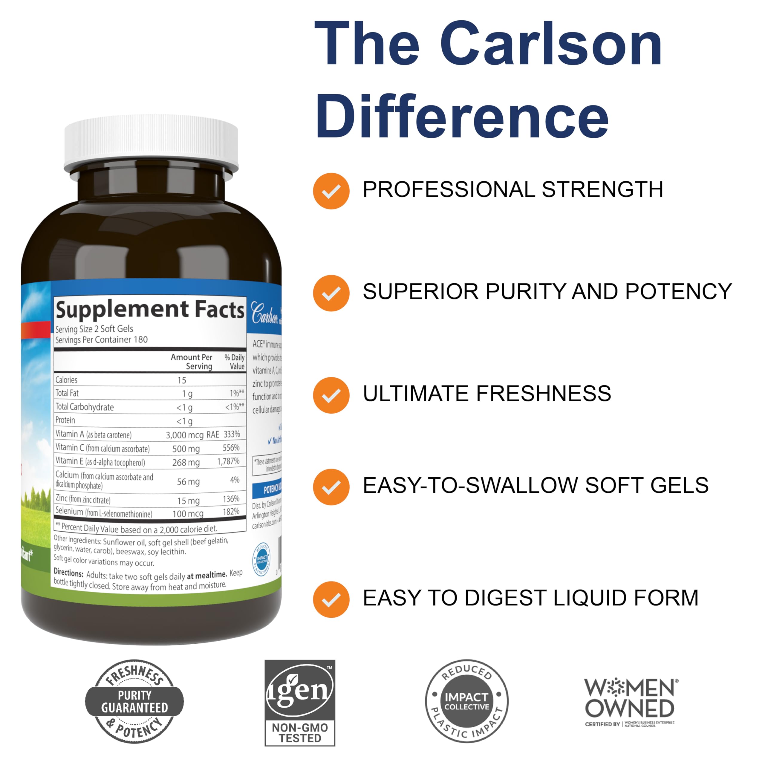 Carlson ACES + Zn : bouteille lumineuse, gélules souples, soutien potentiel des nutriments essentiels.