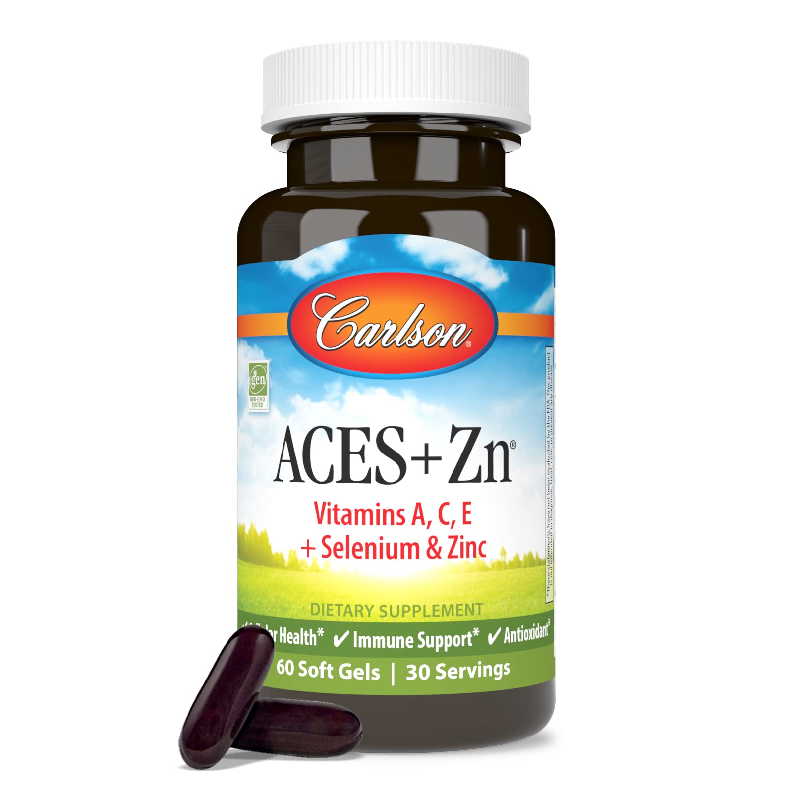 Carlson ACES + Zn – Plan rapproché sur les gélules, indication d'une formulation antioxydante.