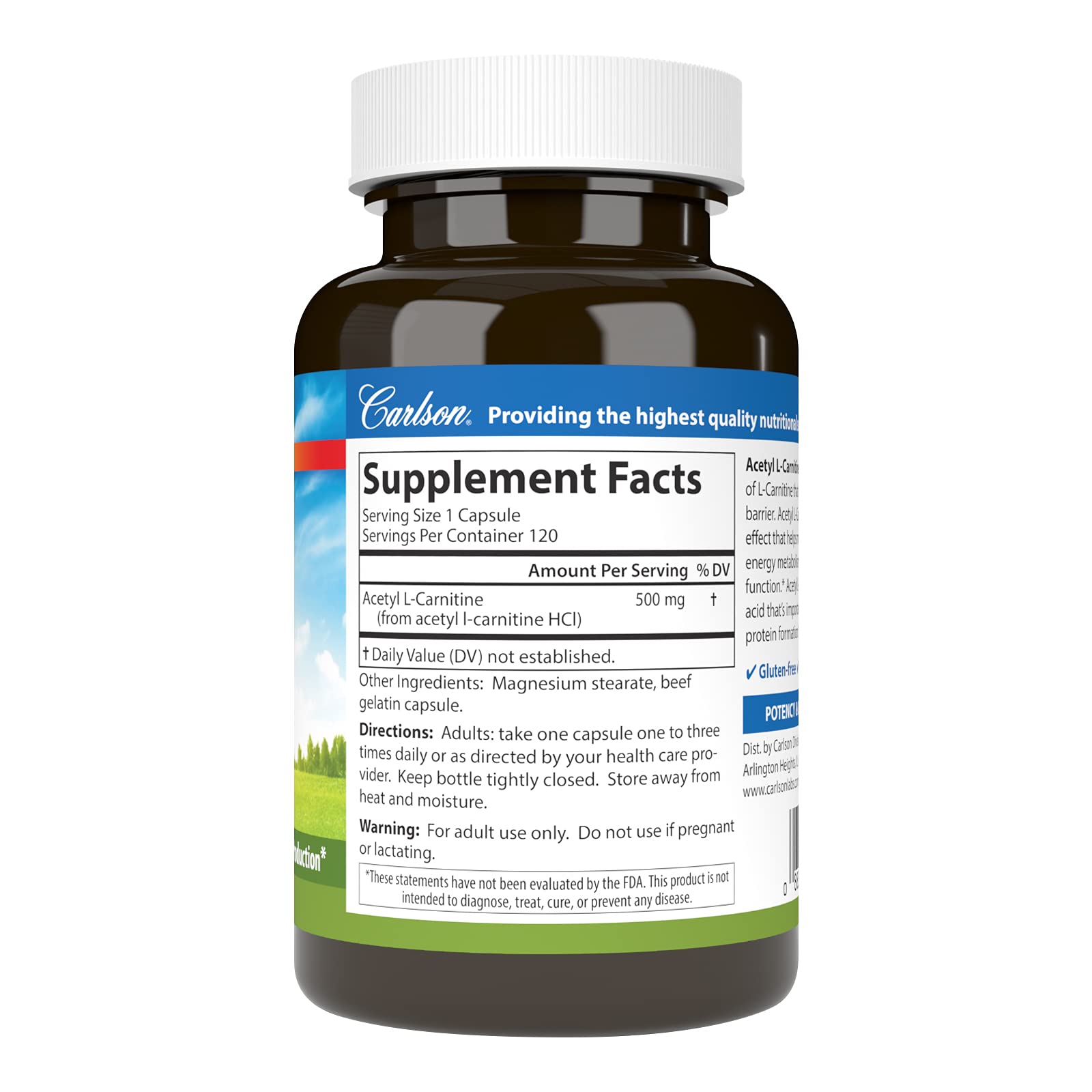 Carlson Acétyl L-Carnitine 500 mg – Capsules faciles à avaler au quotidien.