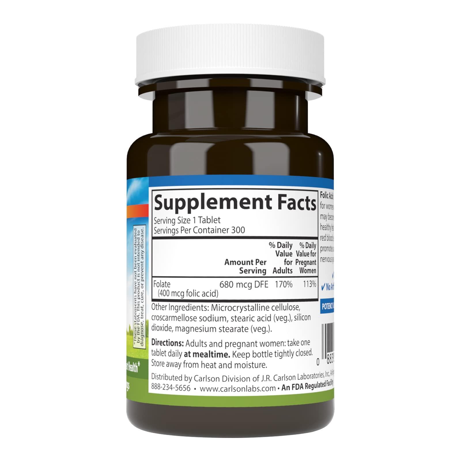 Carlson acide folique 400 mcg, boîte 300 tablettes, dosage clair.