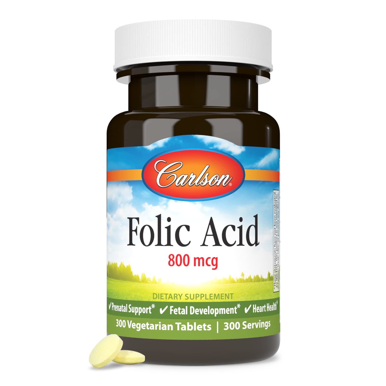 Carlson Acide folique 800 mcg, boîtier d'emballage prêt à emporter.