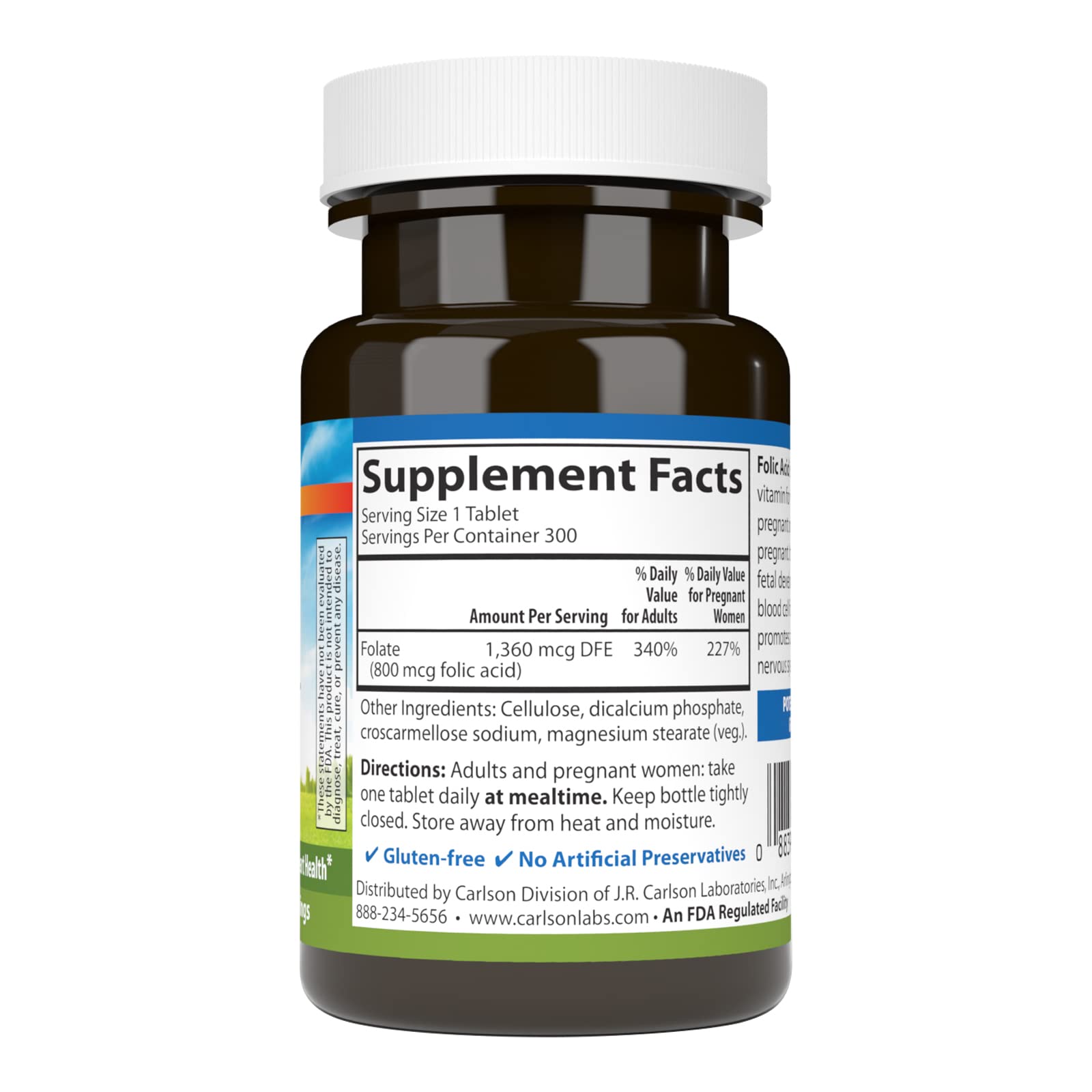 Carlson Acide folique 800 mcg, bouteille pratique pour usage quotidien.