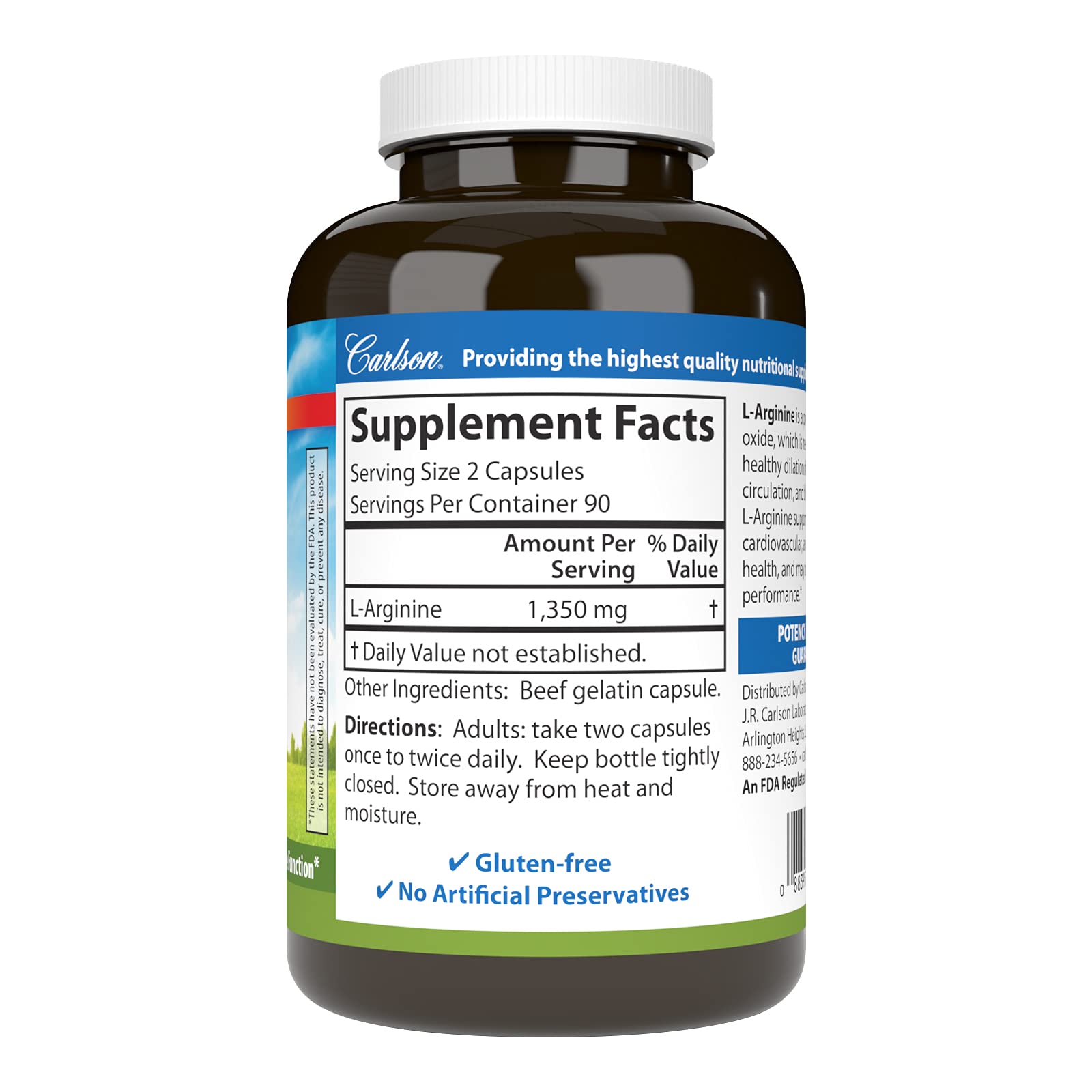 Carlson L-Arginine, bouteille, dosage pratique pour le supplément quotidien.
