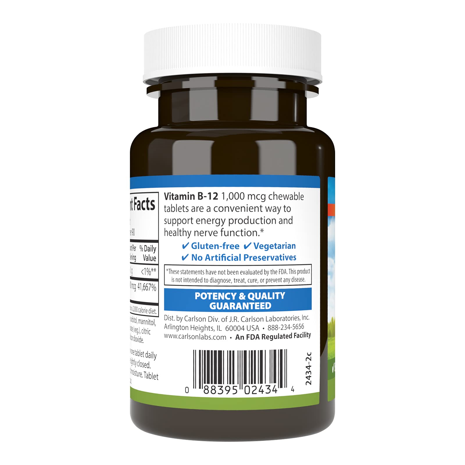 Étiquette Carlson B12 avec informations nutritionnelles et ingrédients.