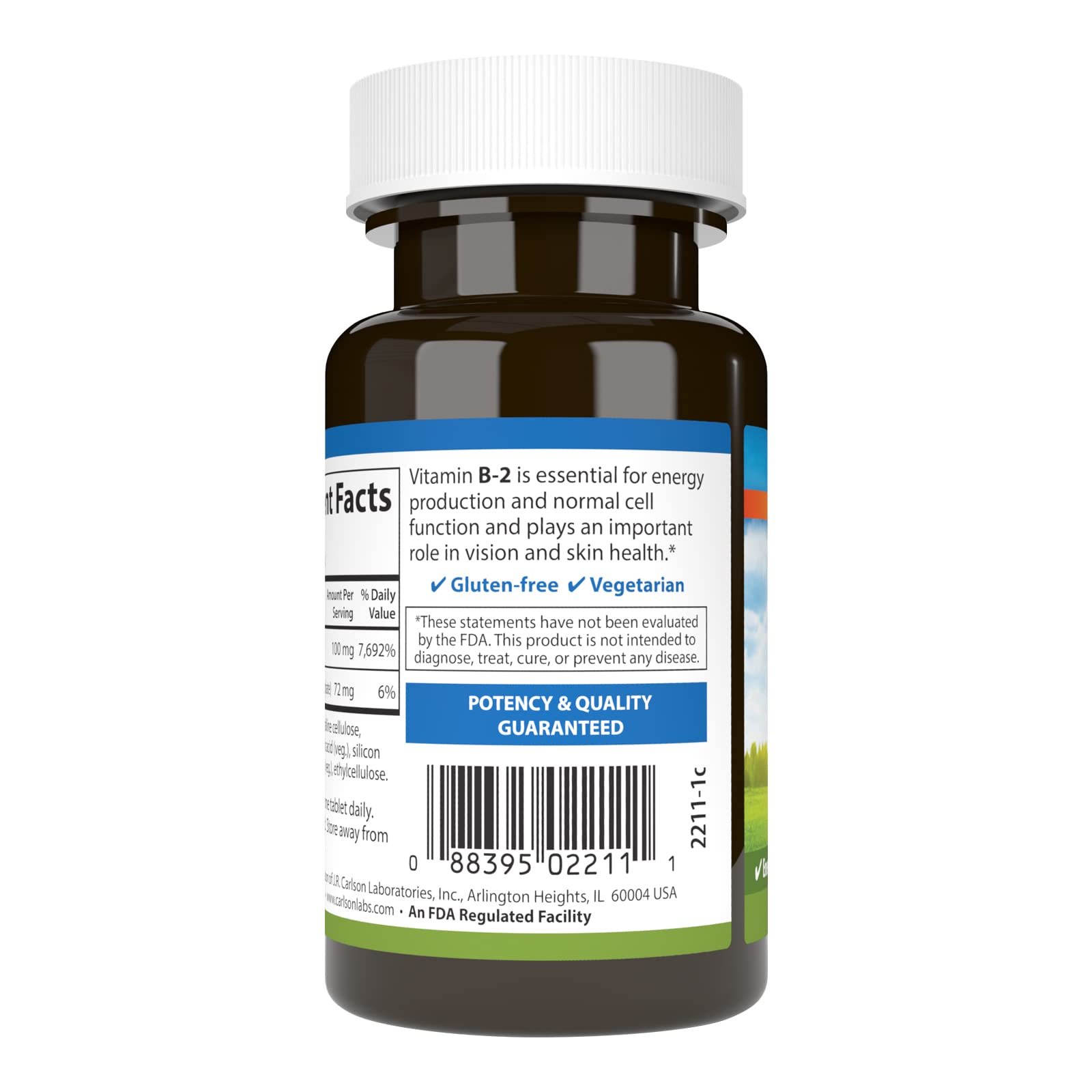 Étiquette Carlson B-2 riboflavine: dosage fiable et qualité garantie.