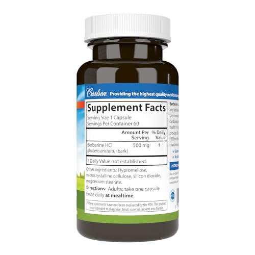 Carlson Berberine, capsules vegetariennes visibles, pratique et facile à intégrer.
