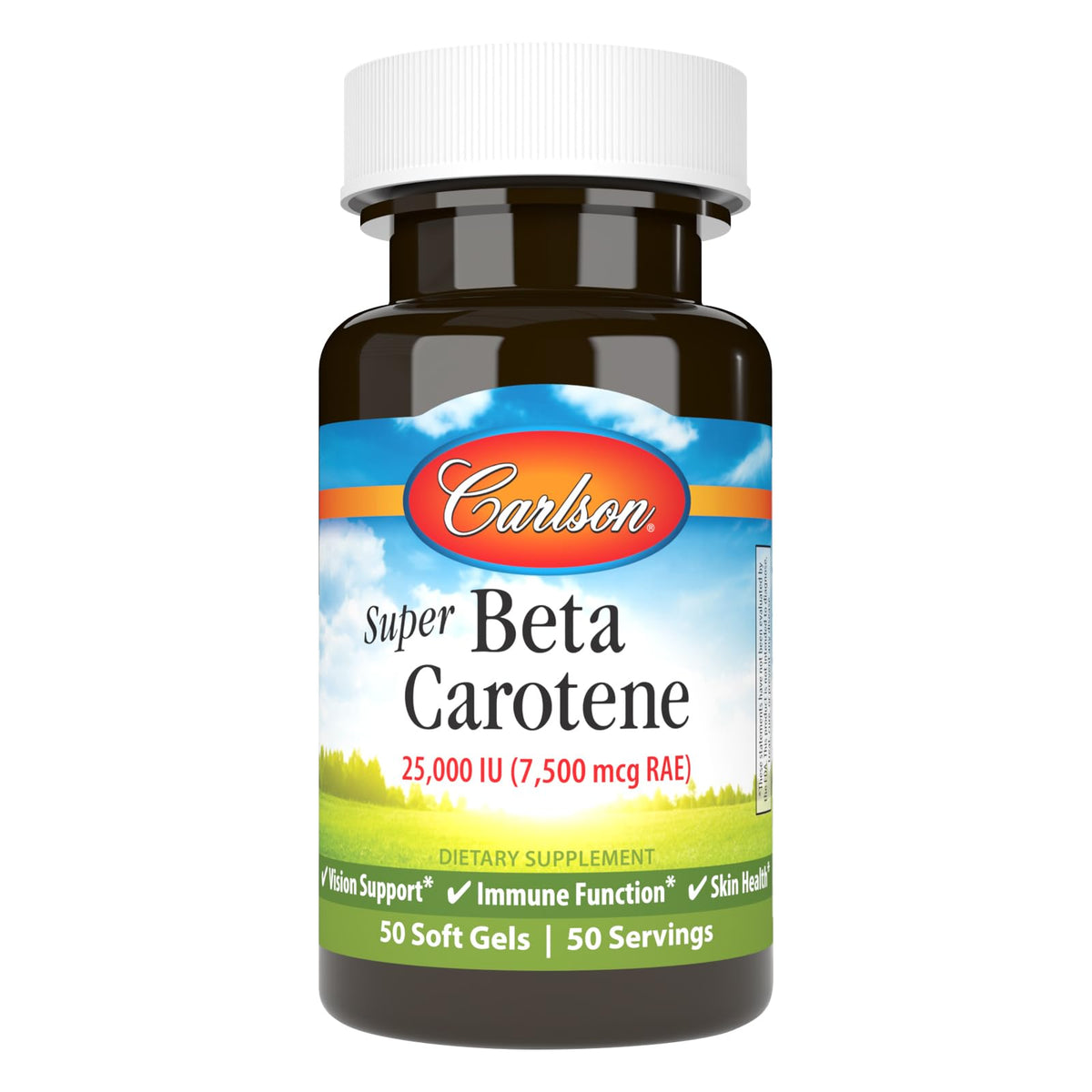 Carlson betacarotene, bouteille de gélules, antioxydant naturel et vitamine A biodisponible.