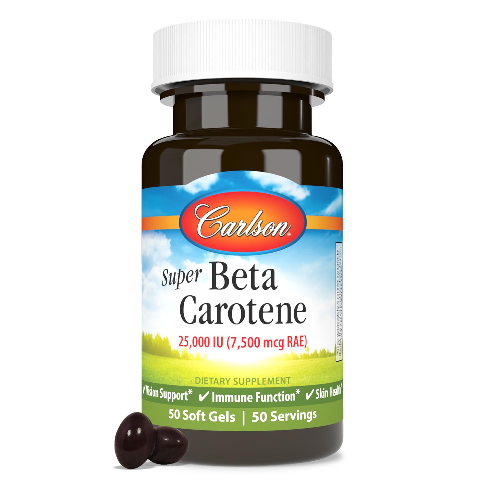 Carlson betacarotene, emballage sur fond neutre, présentation claire pour achat.