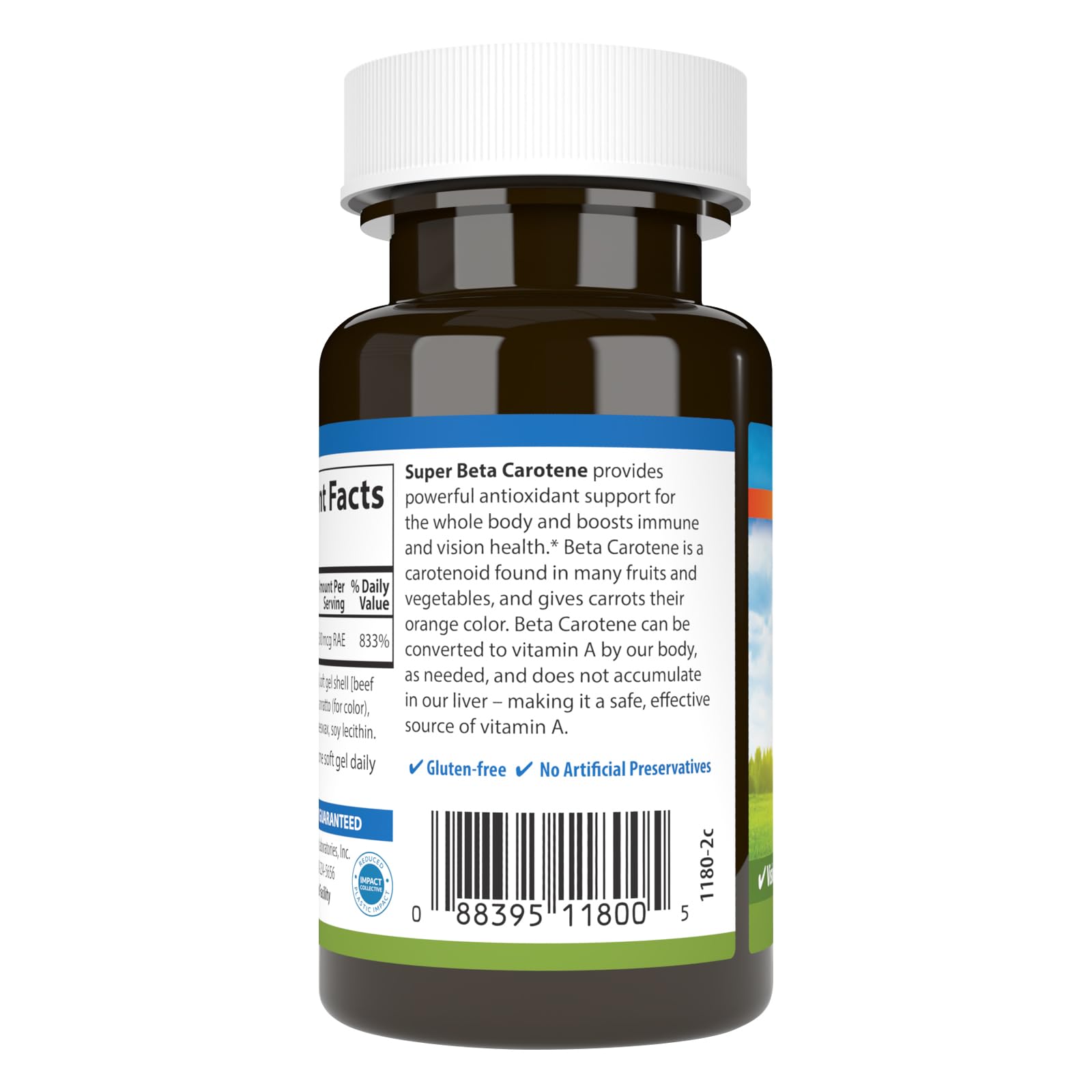 Carlson betacarotene, étiquette visible, contrôle qualité et sécurité.