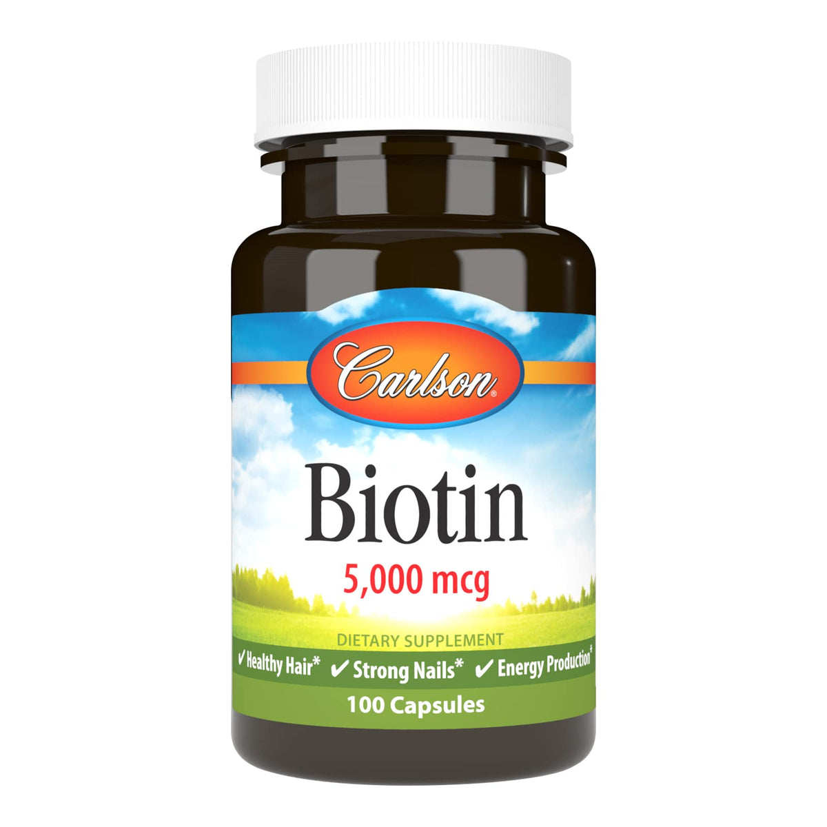 Carlson Biotine 5000 mcg en bouteille, soutien potentiel à la vitalité et cheveux.