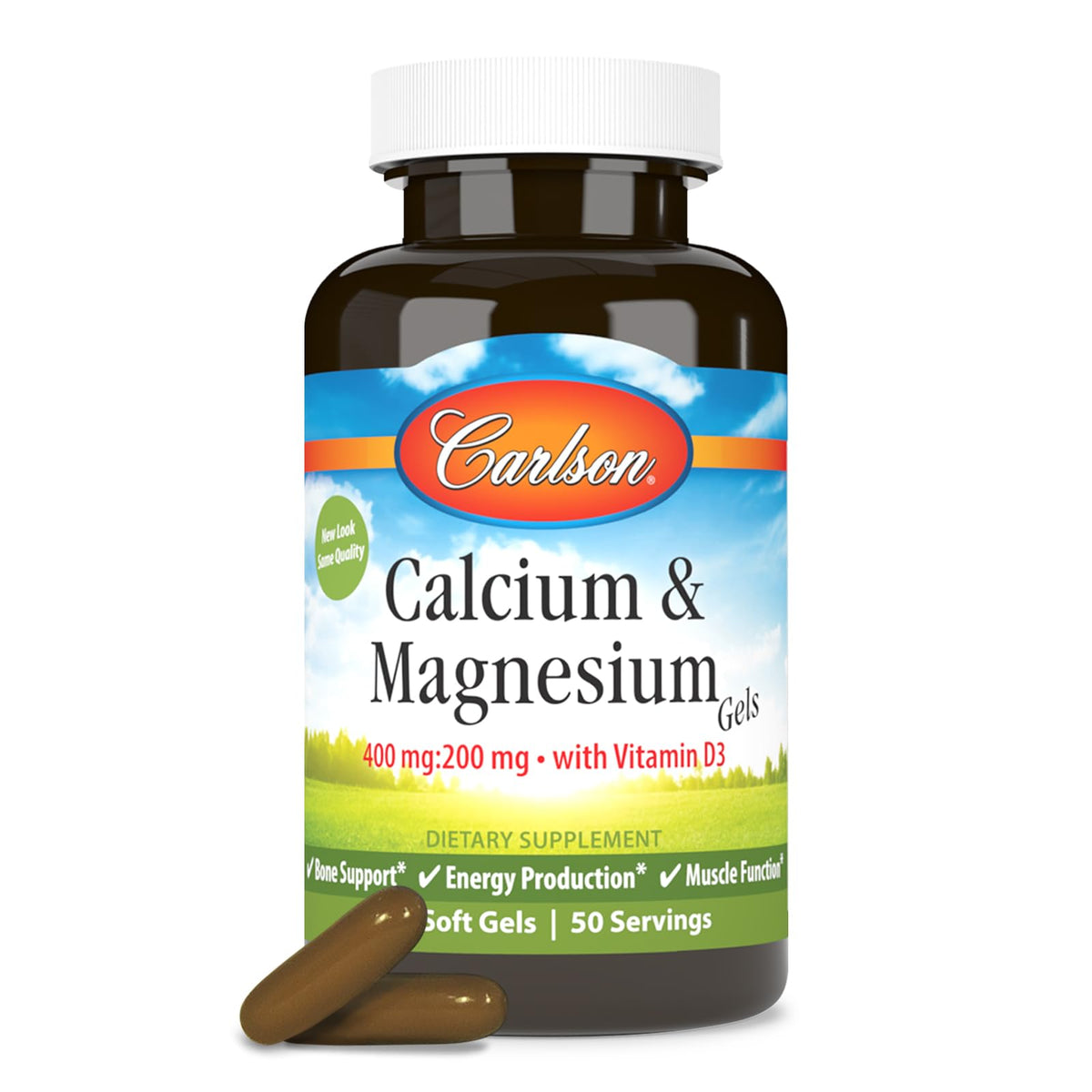 Carlson Cal-Mag Gels: bouteille affichant le ratio 2:1 pour le soutien osseux