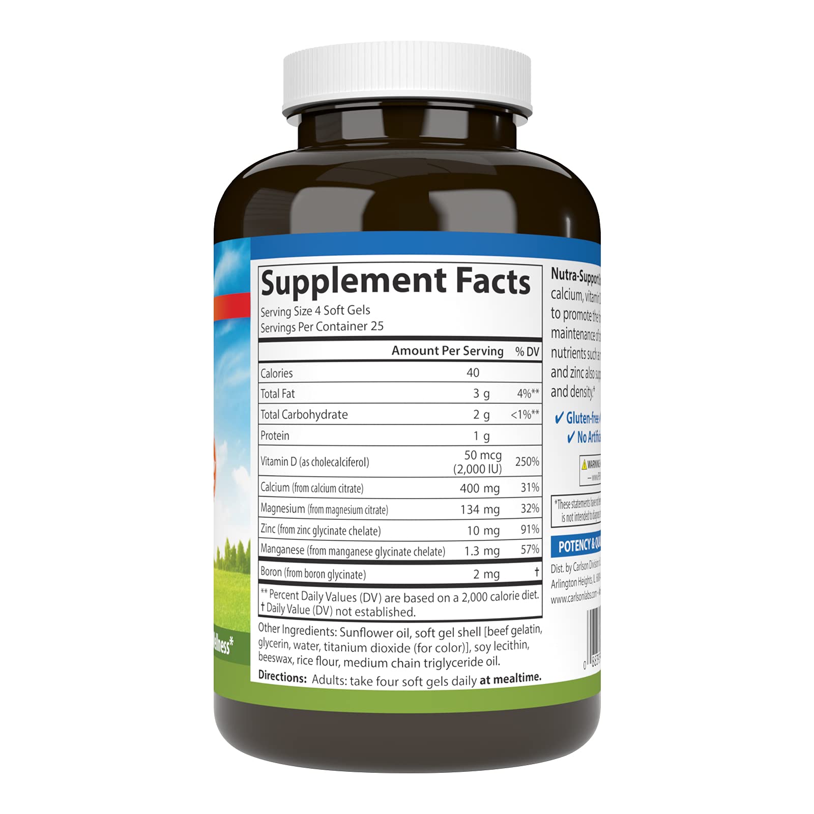 Carlson Calcium 400 mg par portion favorise absorption et densite osseuse
