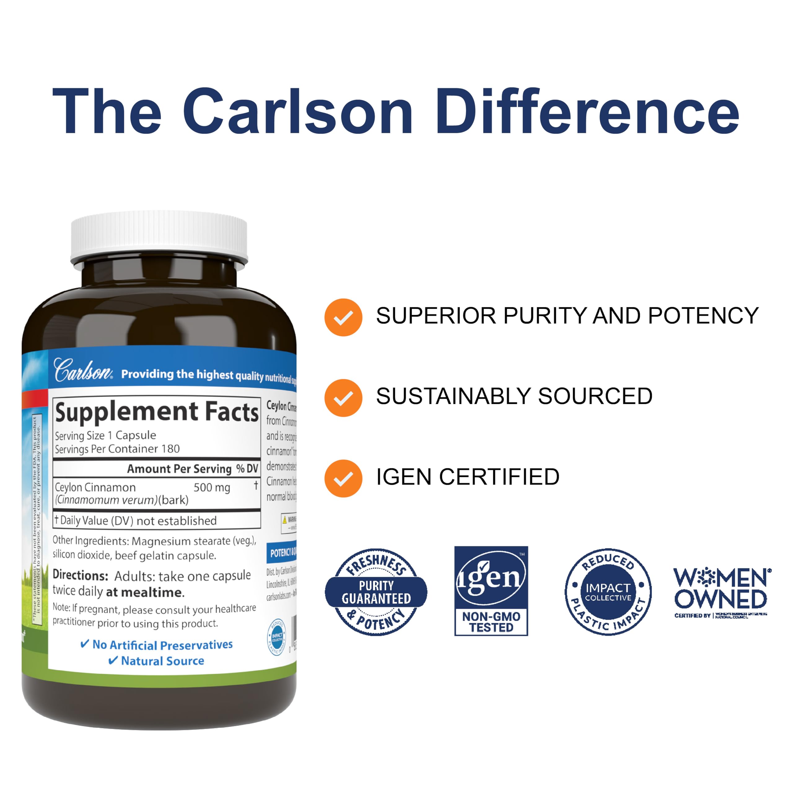 Capsules Carlson Ceylon Cinnamon prêtes à avaler, routine simple.