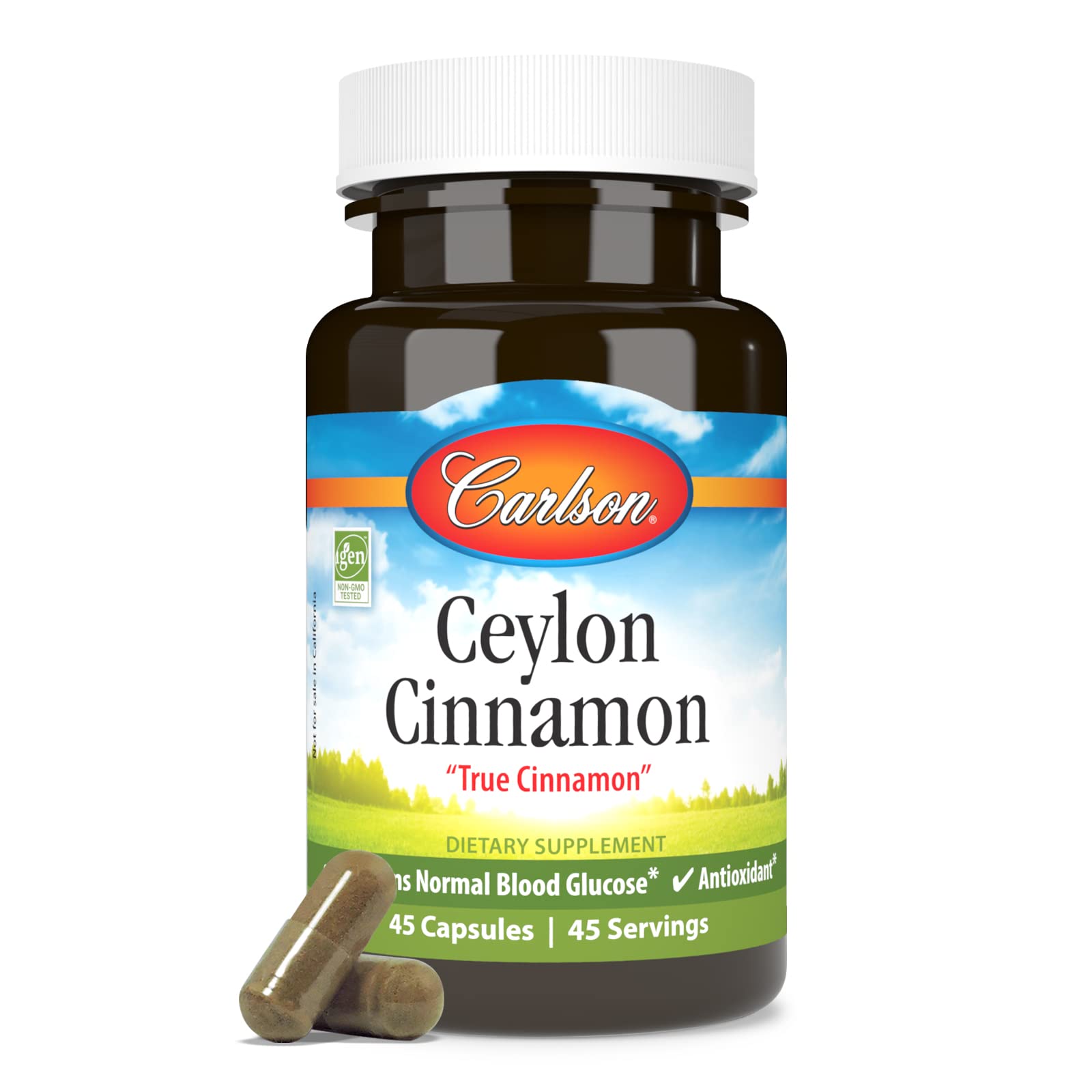 Carlson Ceylon Cinnamon : gelules en gros plan, couleur naturelle.
