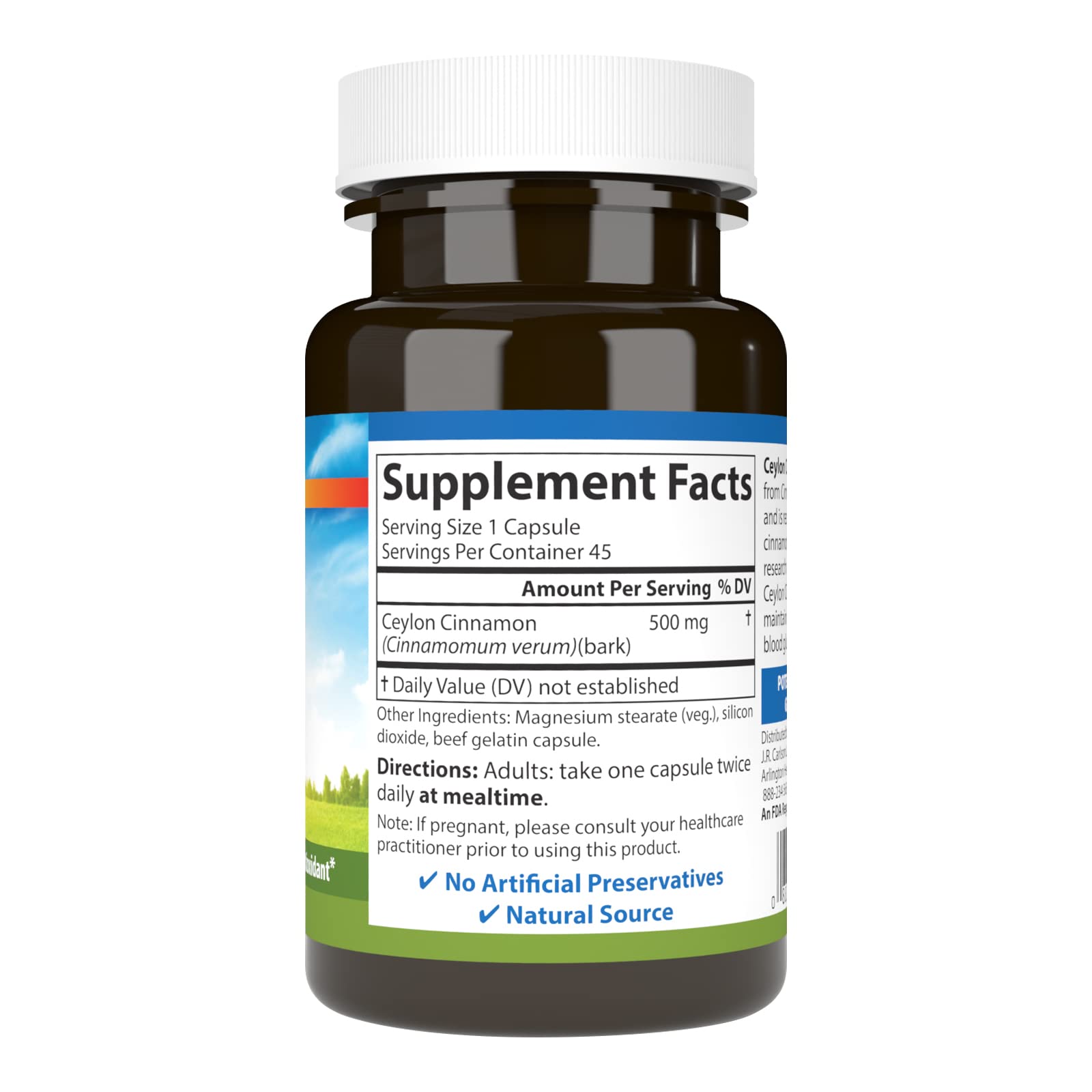Carlson Ceylon Cinnamon : gelules, dose pratique de 500 mg par prise.