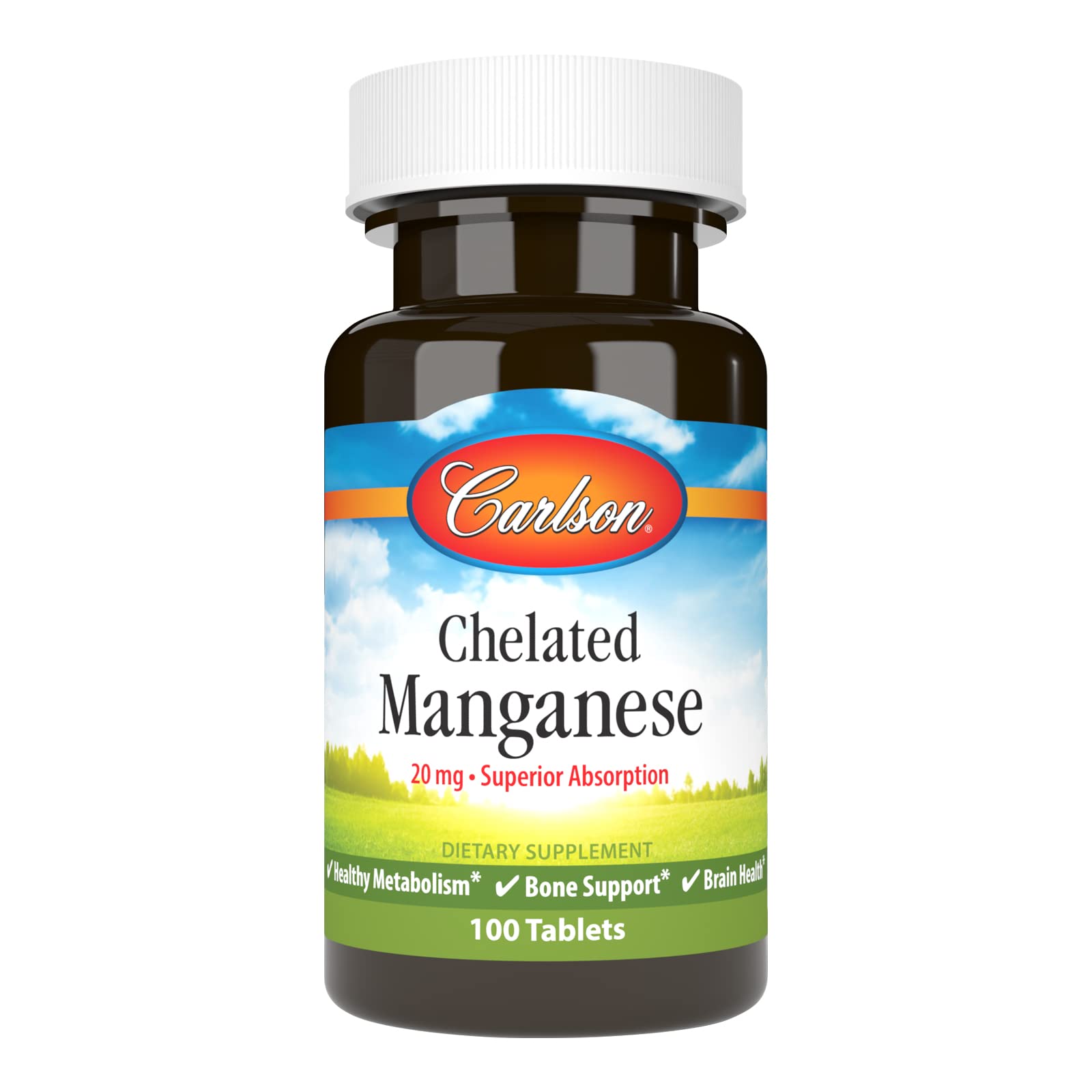 Carlson Manganèse Chelaté bouteille montrant une absorption potentielle et métabolisme sain