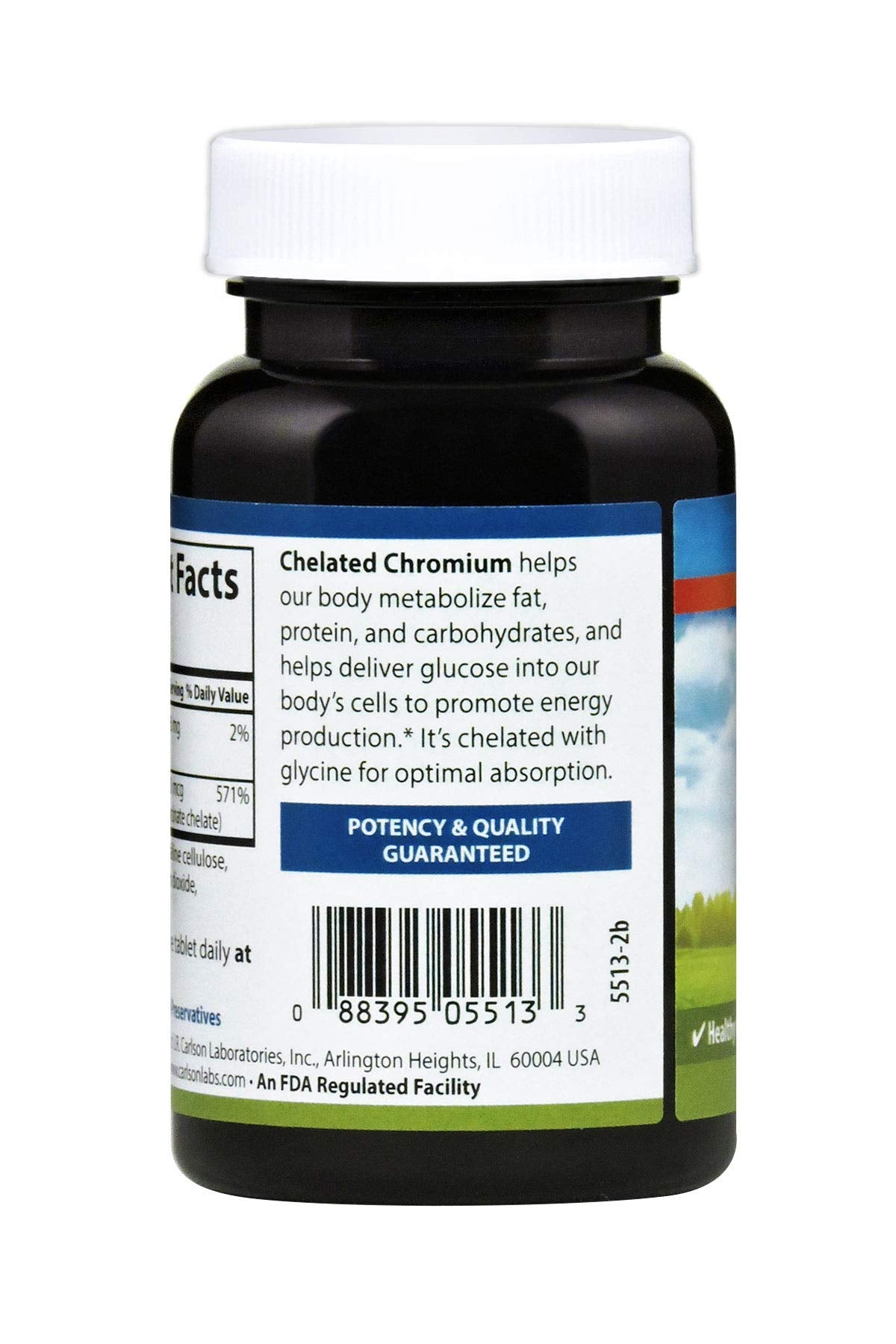 Carlson chrome chelaté — bouteille ouverte avec comprimés visibles