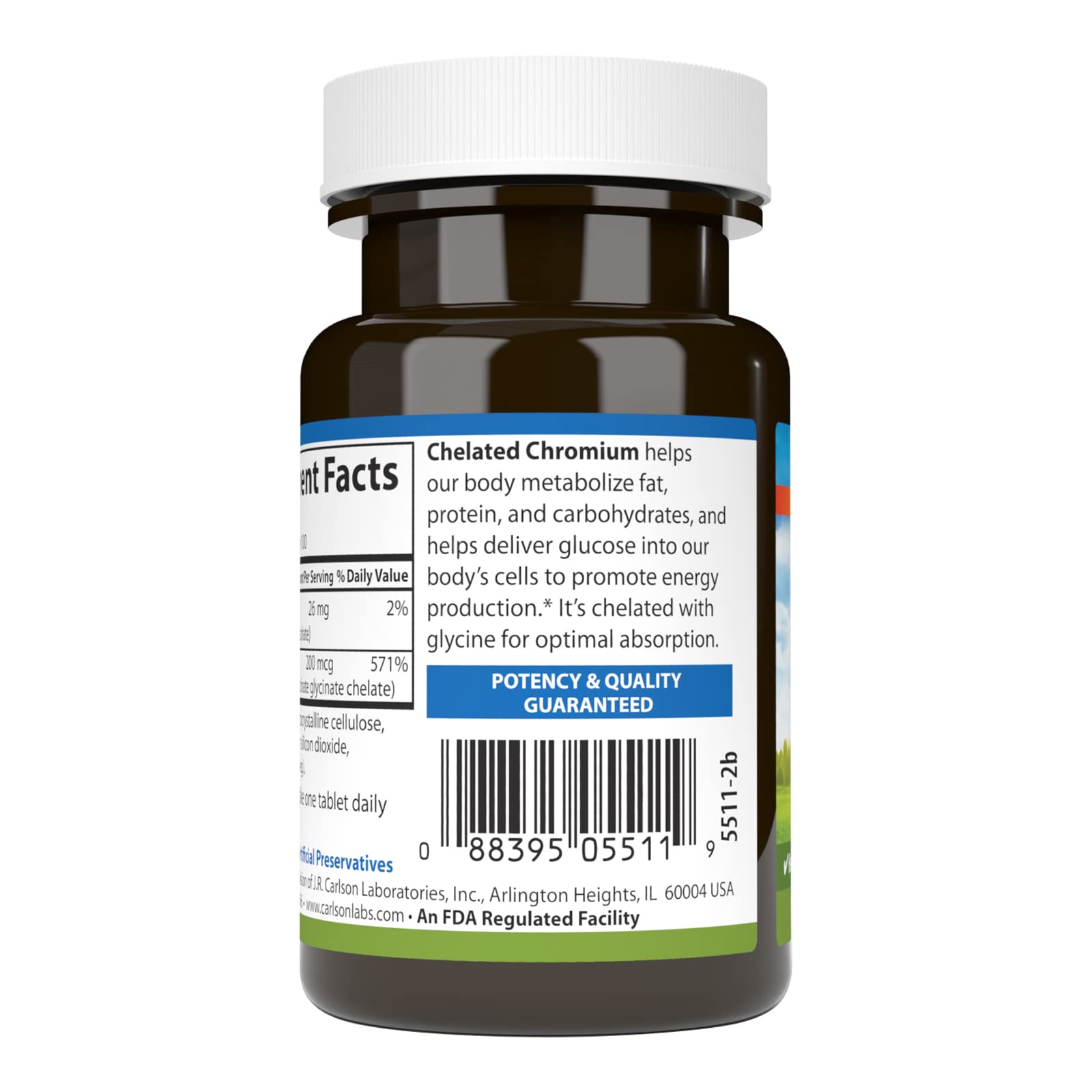 Étiquette Carlson chromium chelaté 200 mcg avec posologie claire