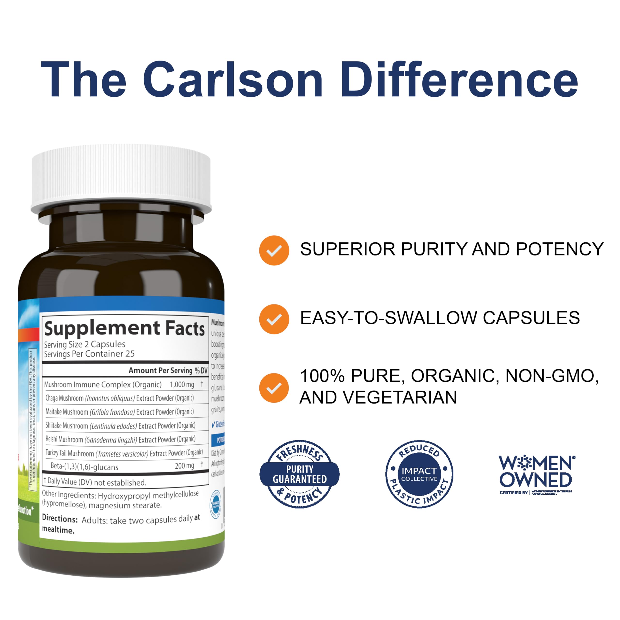 Carlson Complexe de champignons: capsules en gros plan, utilisation quotidienne facile.