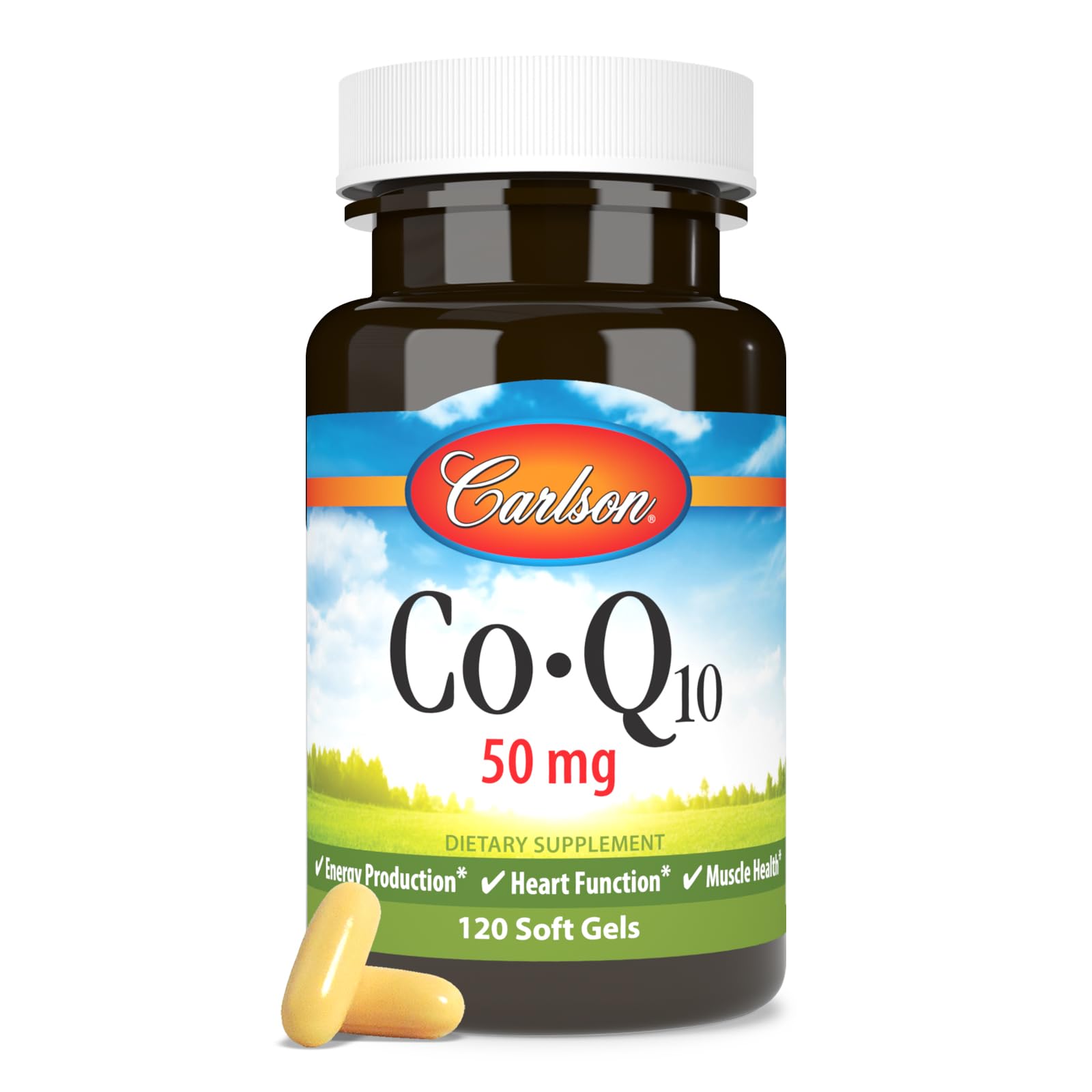 Bouteille Carlson CoQ10 sur table – présentation soignée et professionnelle.