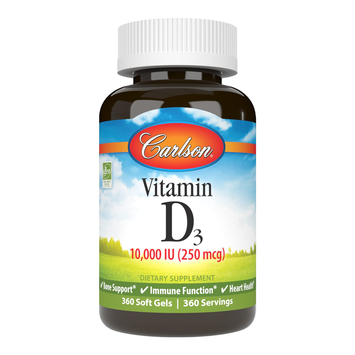 Carlson D3 10 000 UI — bouteille de gélules molles, soutien potentiel des os et du système immunitaire.