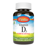 Carlson D3 10 000 UI — bouteille de gélules molles, soutien potentiel des os et du système immunitaire.
