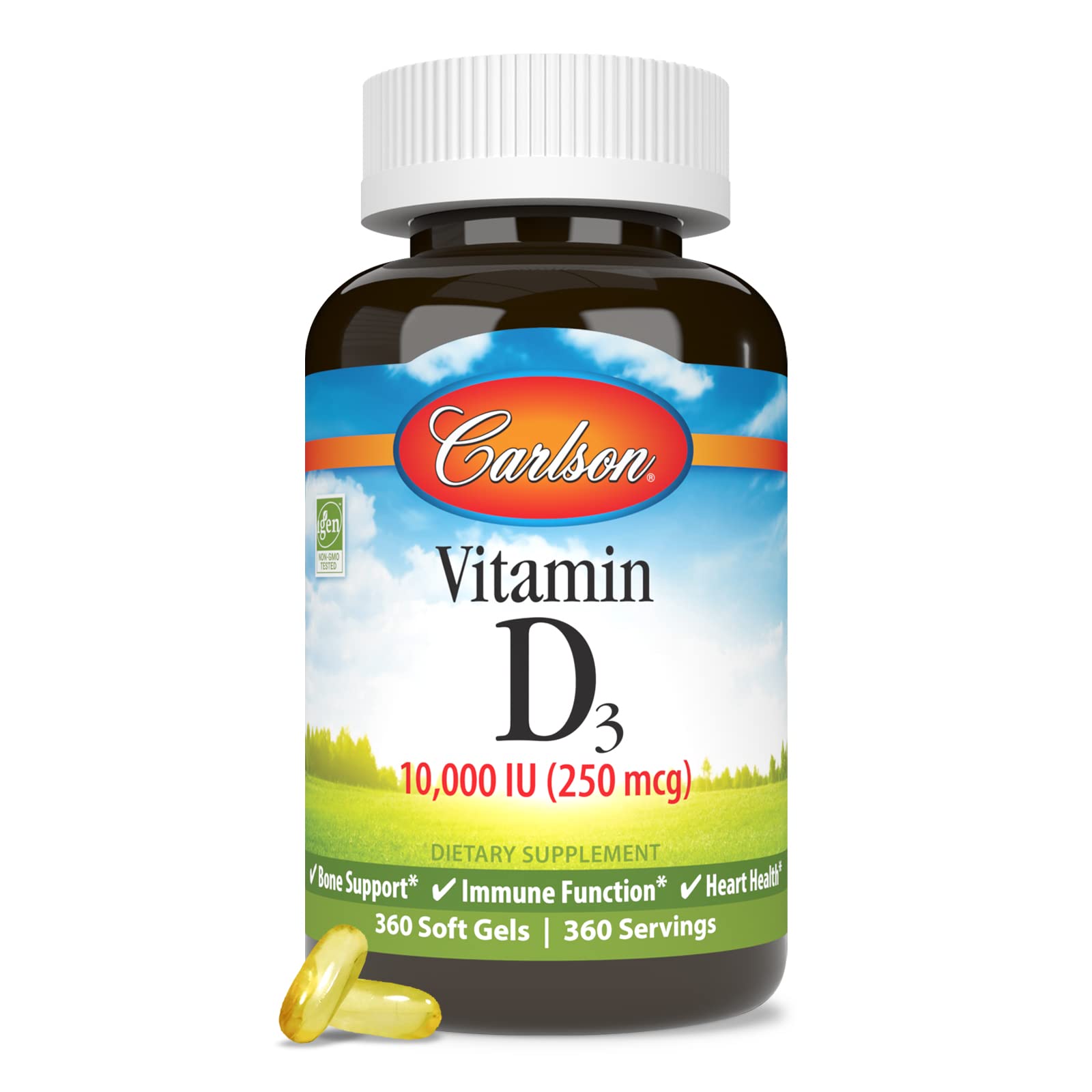 Carlson D3 10 000 UI — dose élevée par gélule, prise rapide et efficace.