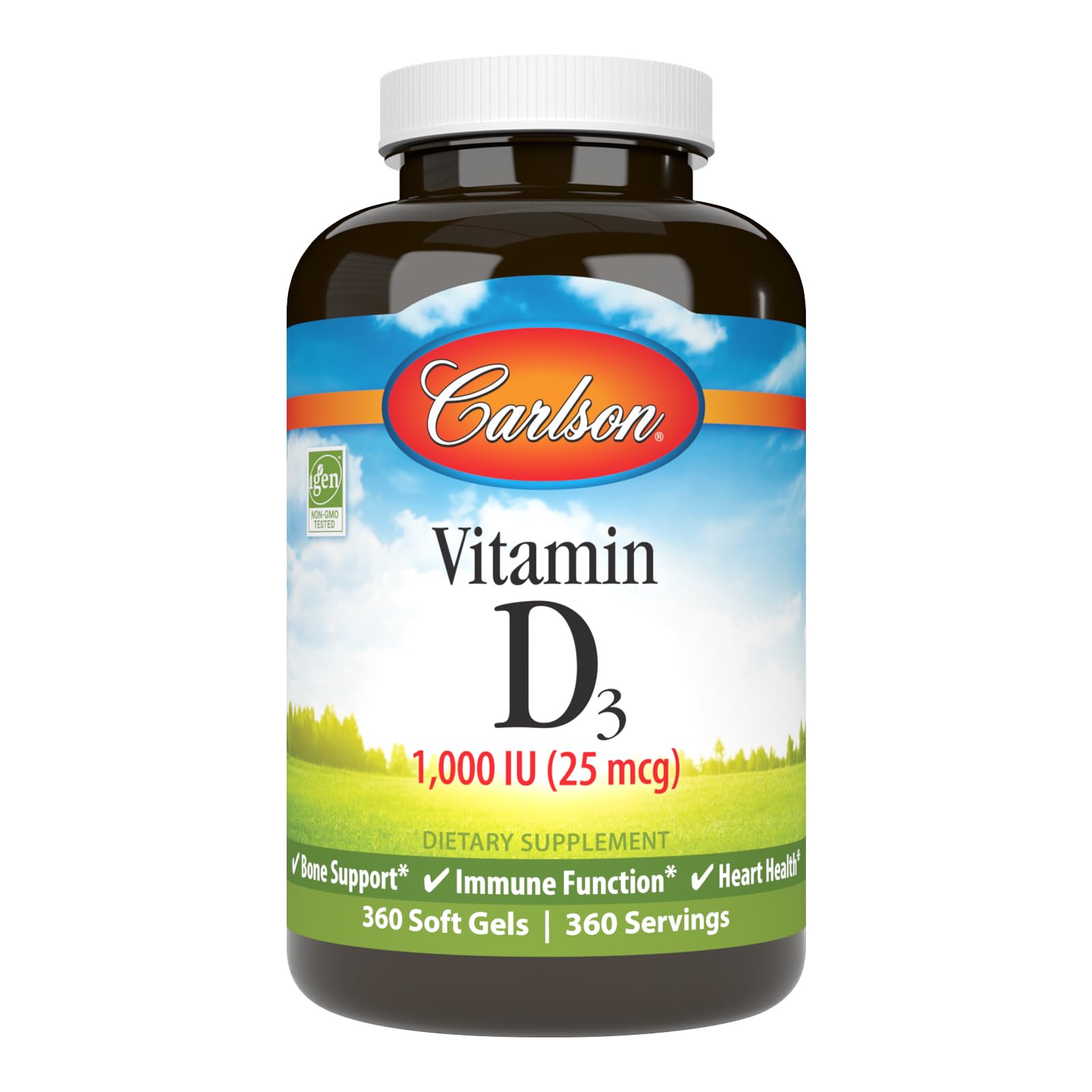 Carlson D3 1000 UI – gélules molles visibles, soutien potentiel des os et de la santé globale.