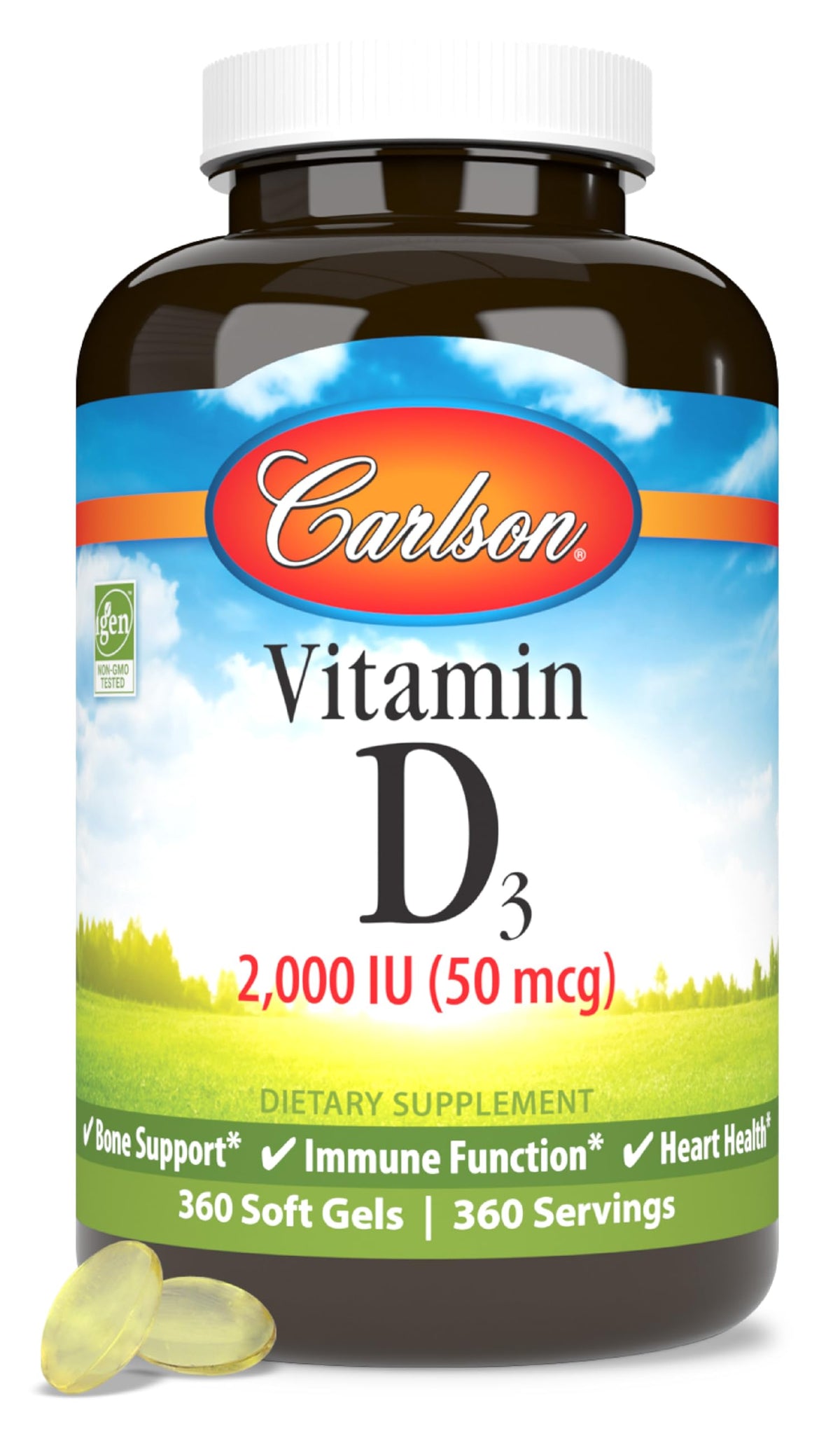 Carlson D3 2000 UI — bouteille visible, soutien potentiel des os et immunité