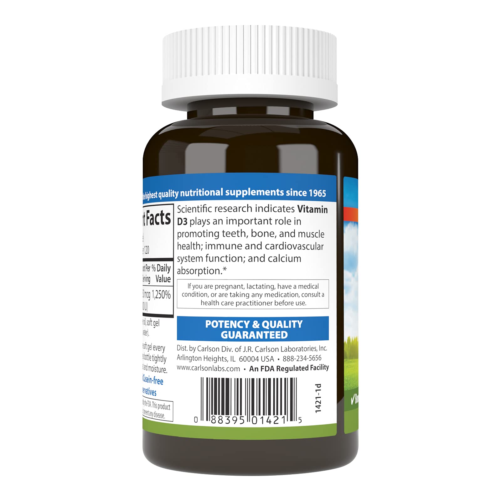 Carlson D3 étiquette clarté: informations et dosage lisibles.