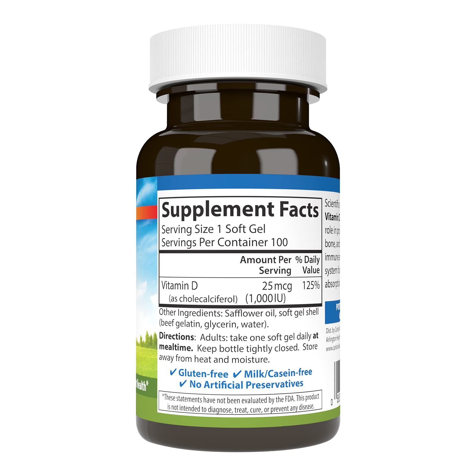 Carlson D3 gélules molles, dosage 1000 UI pour le métabolisme du calcium.