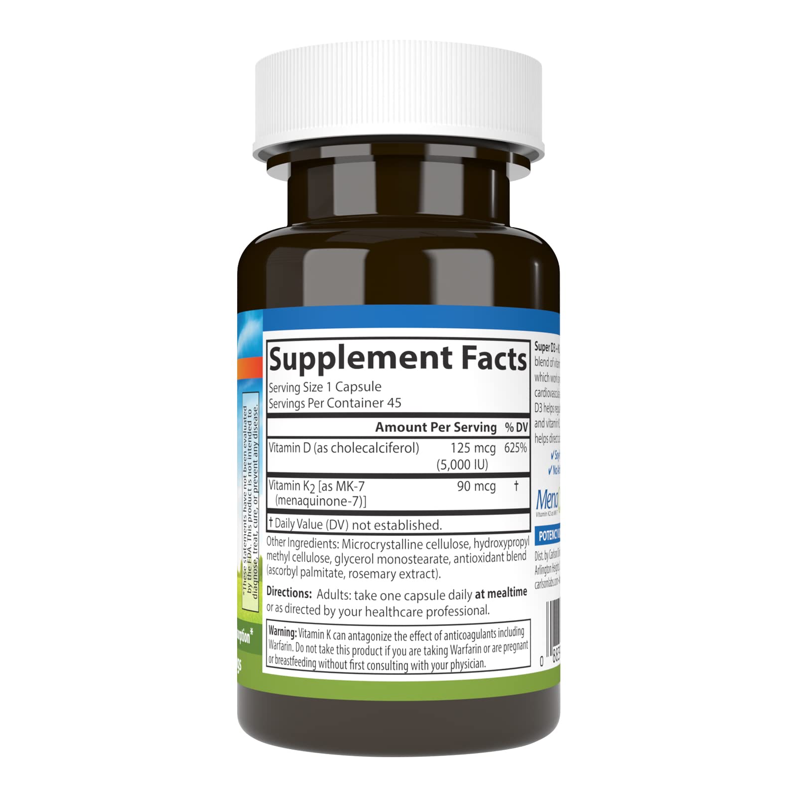Carlson D3 + K2, capsules végétariennes, prise quotidienne pratique
