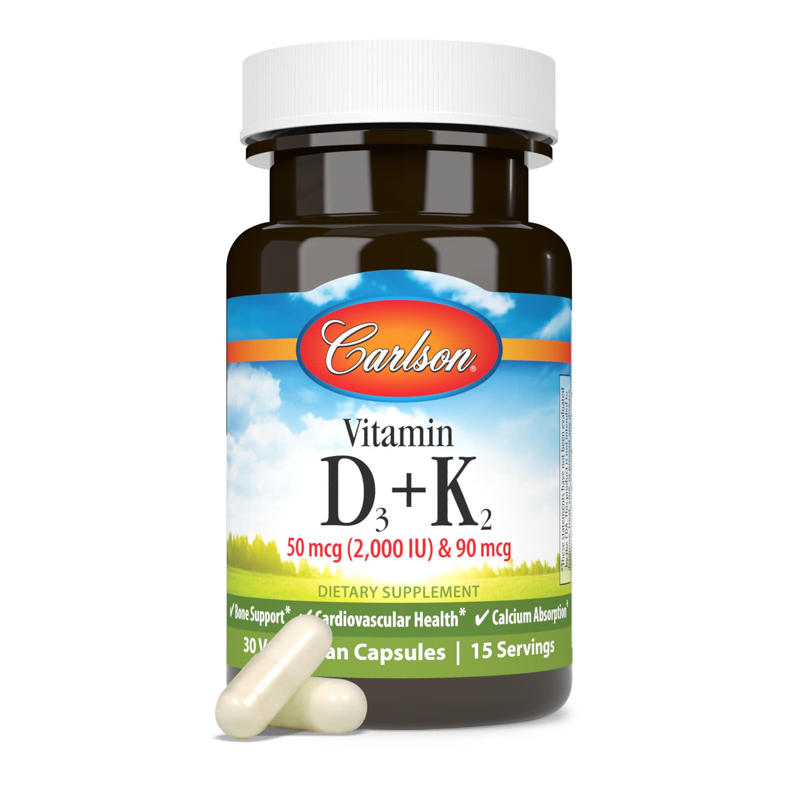 Carlson dose quotidienne D3-K2, capsules faciles à prendre avec un repas.
