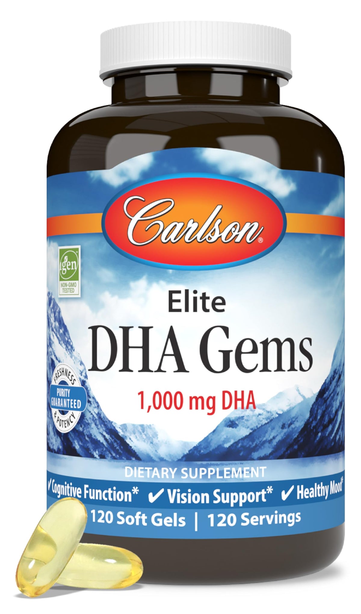 Carlson DHA Gems – bouteille avec gélules faciles à prendre pour un apport oméga-3 pratique.