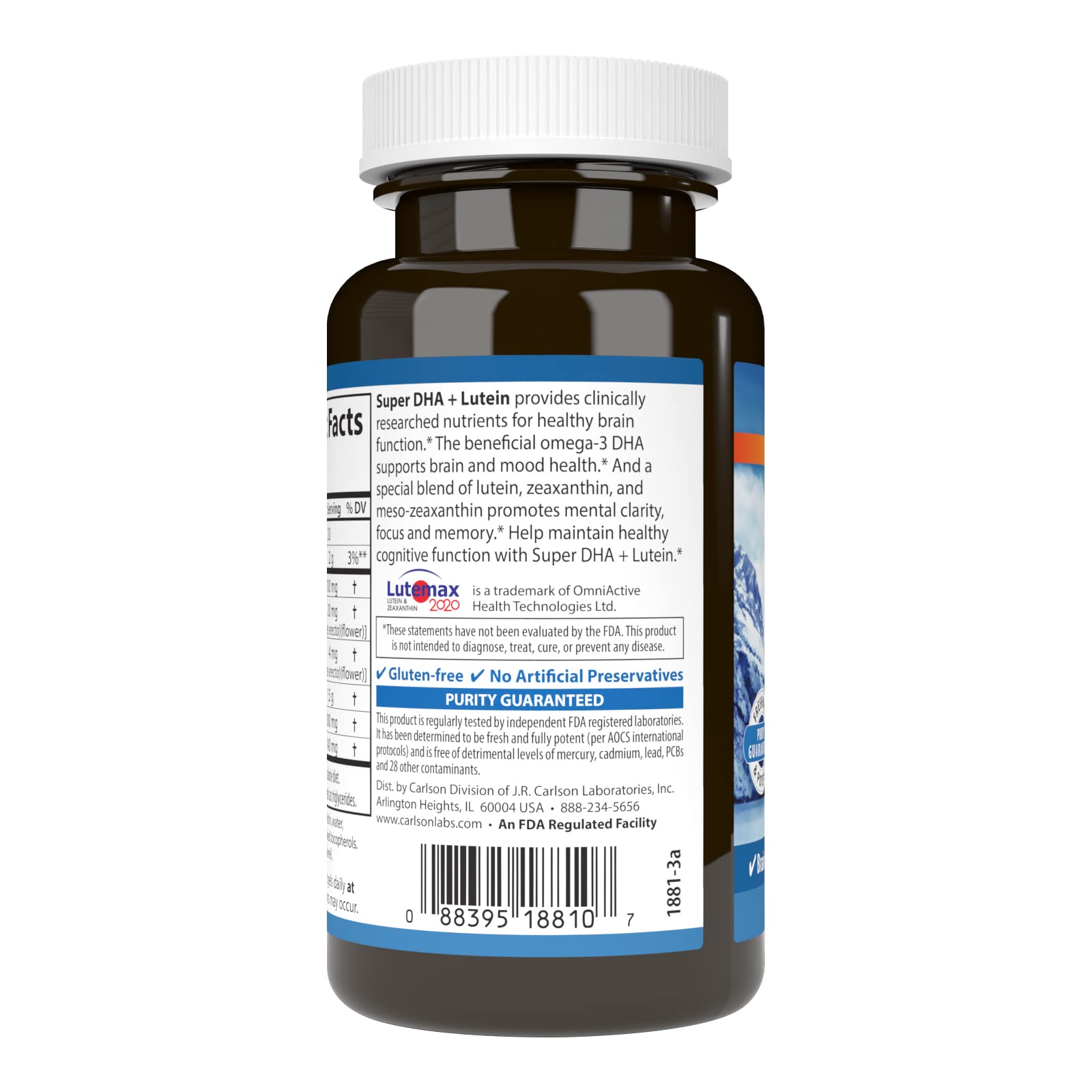 Carlson Super DHA Luteine, étiquette-produit, informations claires pour une routine quotidienne saine