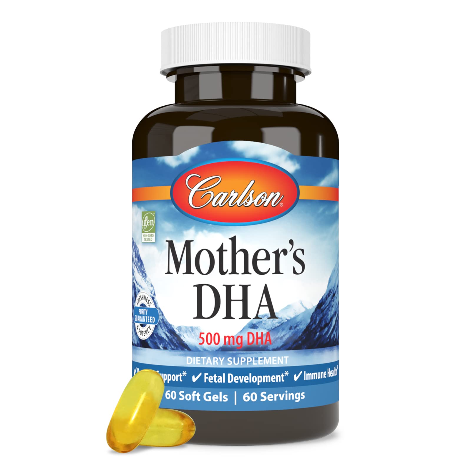 Dose quotidienne Carlson DHA Maman 500 mg, soutien possible pour maman.