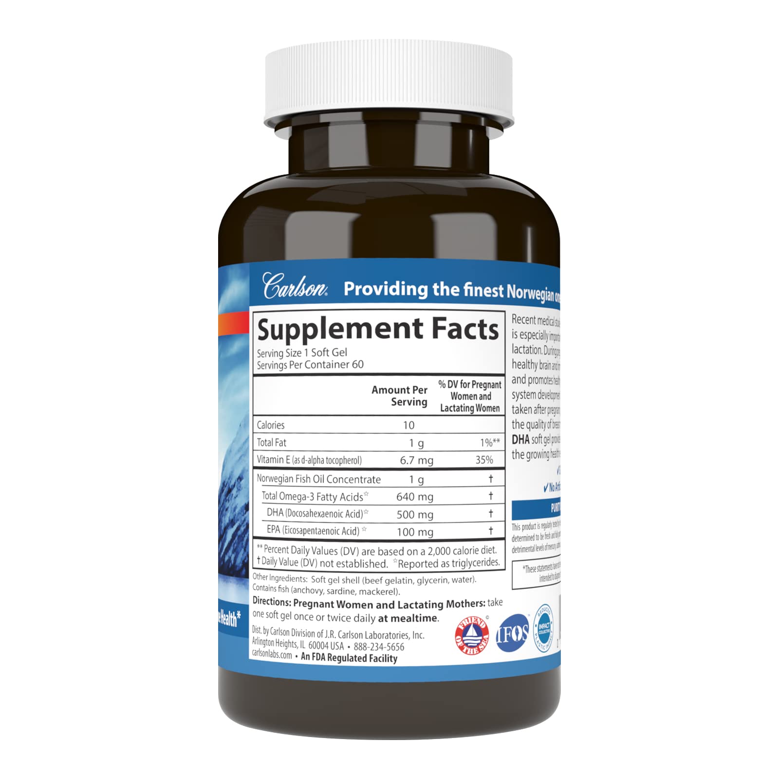Gélules Carlson DHA Maman de 500 mg, dosage pratique pour routine quotidienne.