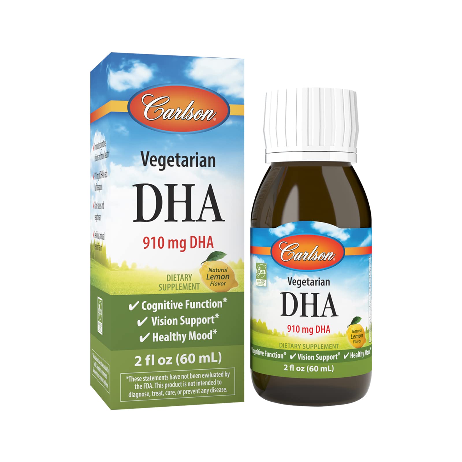 Carlson DHA végétarien — flacon citron, apport DHA quotidien possible