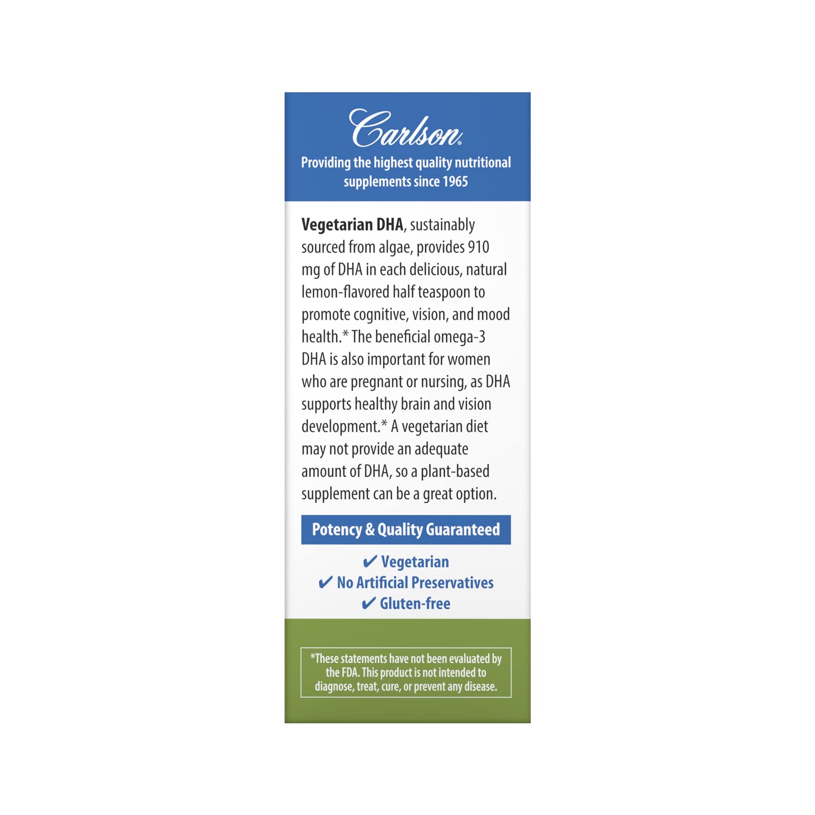 Carlson DHA végétarien — demi-cuillère, dosage facile pour 910 mg