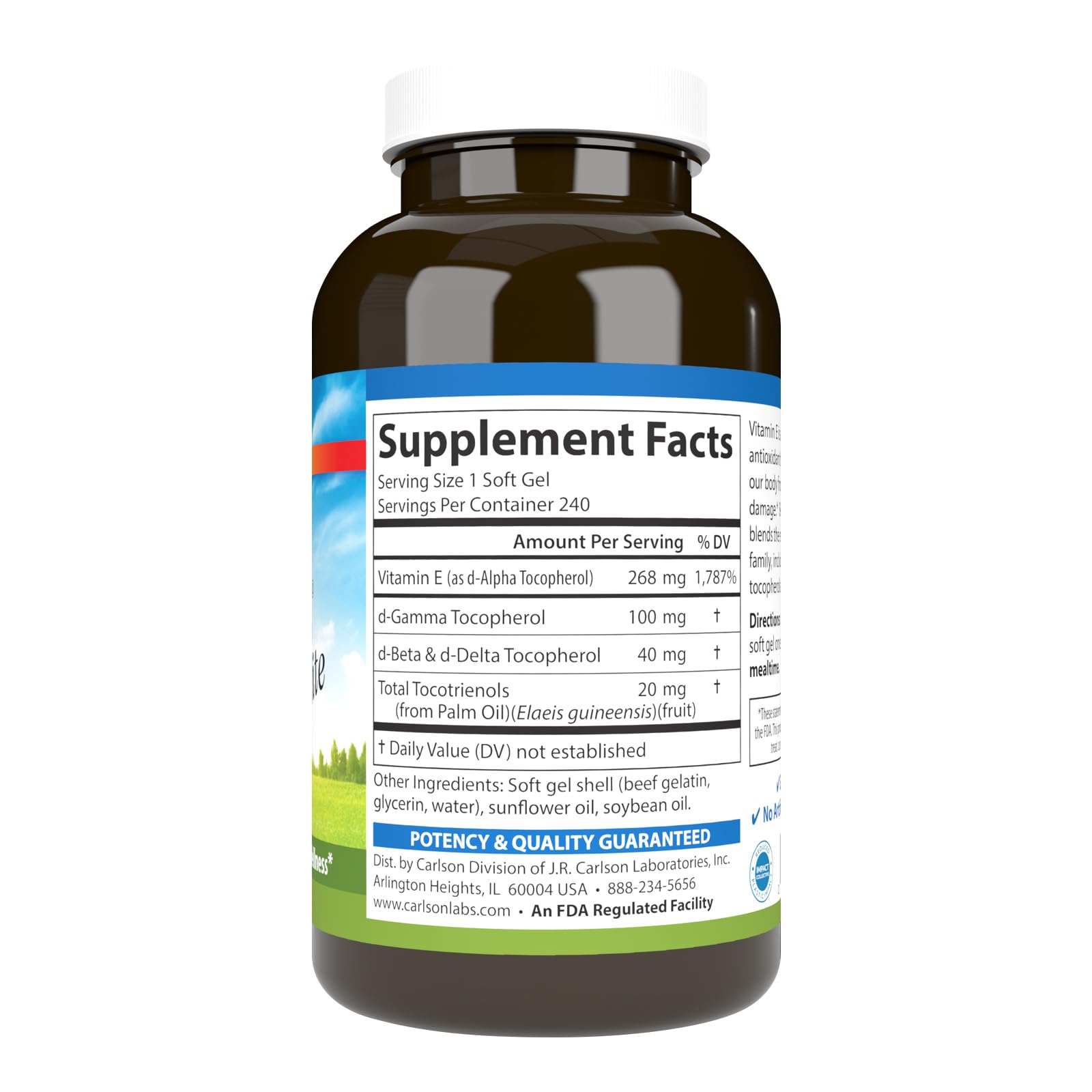 Étiquette Carlson E-Gems Elite indiquant 400 UI de vitamine E et tocophérols.