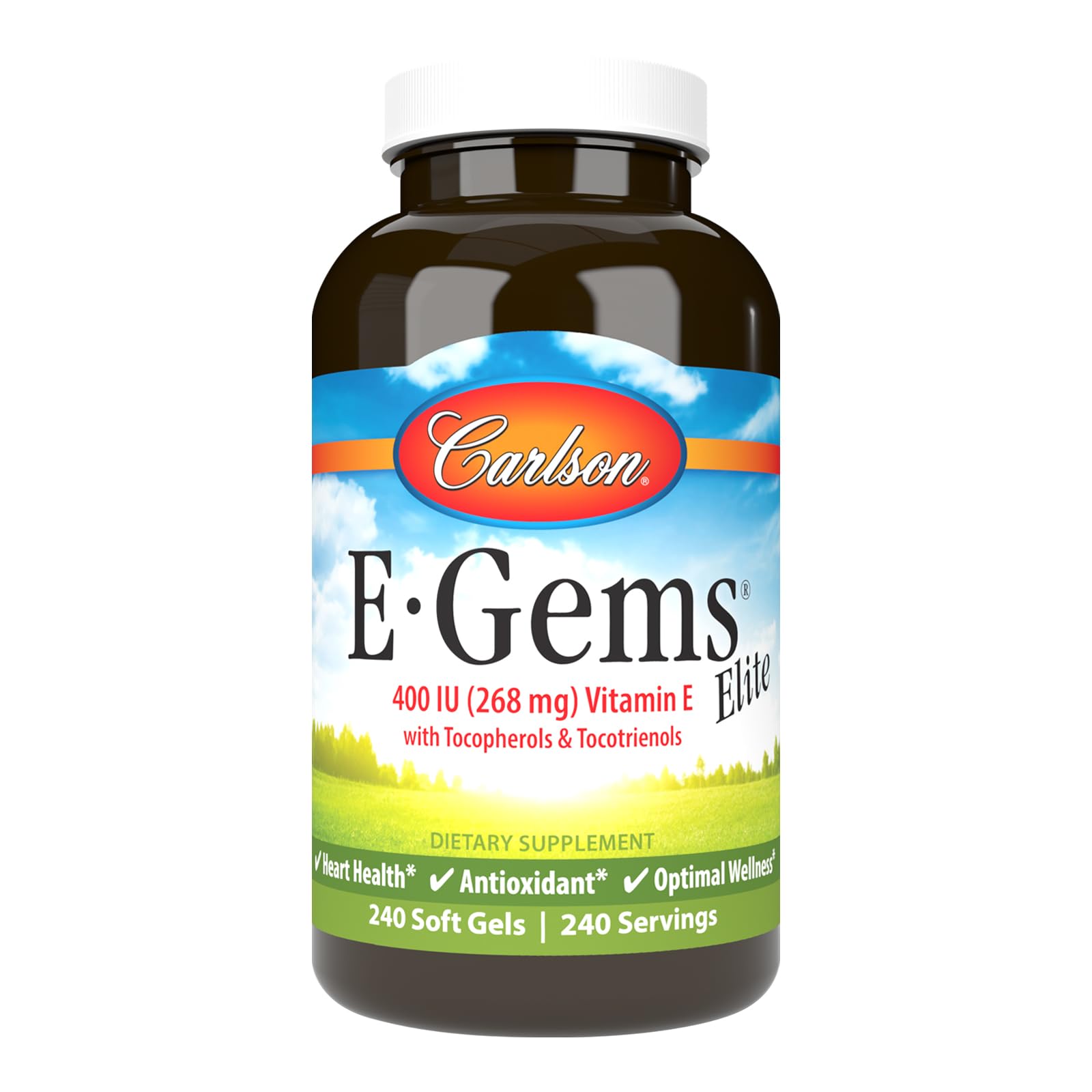 Carlson E-Gems Elite: bouteille de softgel vitamine E pour le bien-être quotidien.