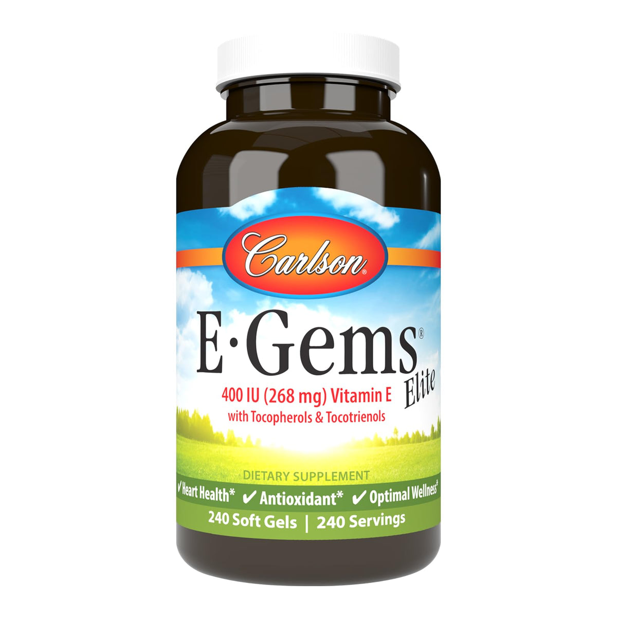 Carlson E-Gems Elite: bouteille de softgel vitamine E pour le bien-être quotidien.