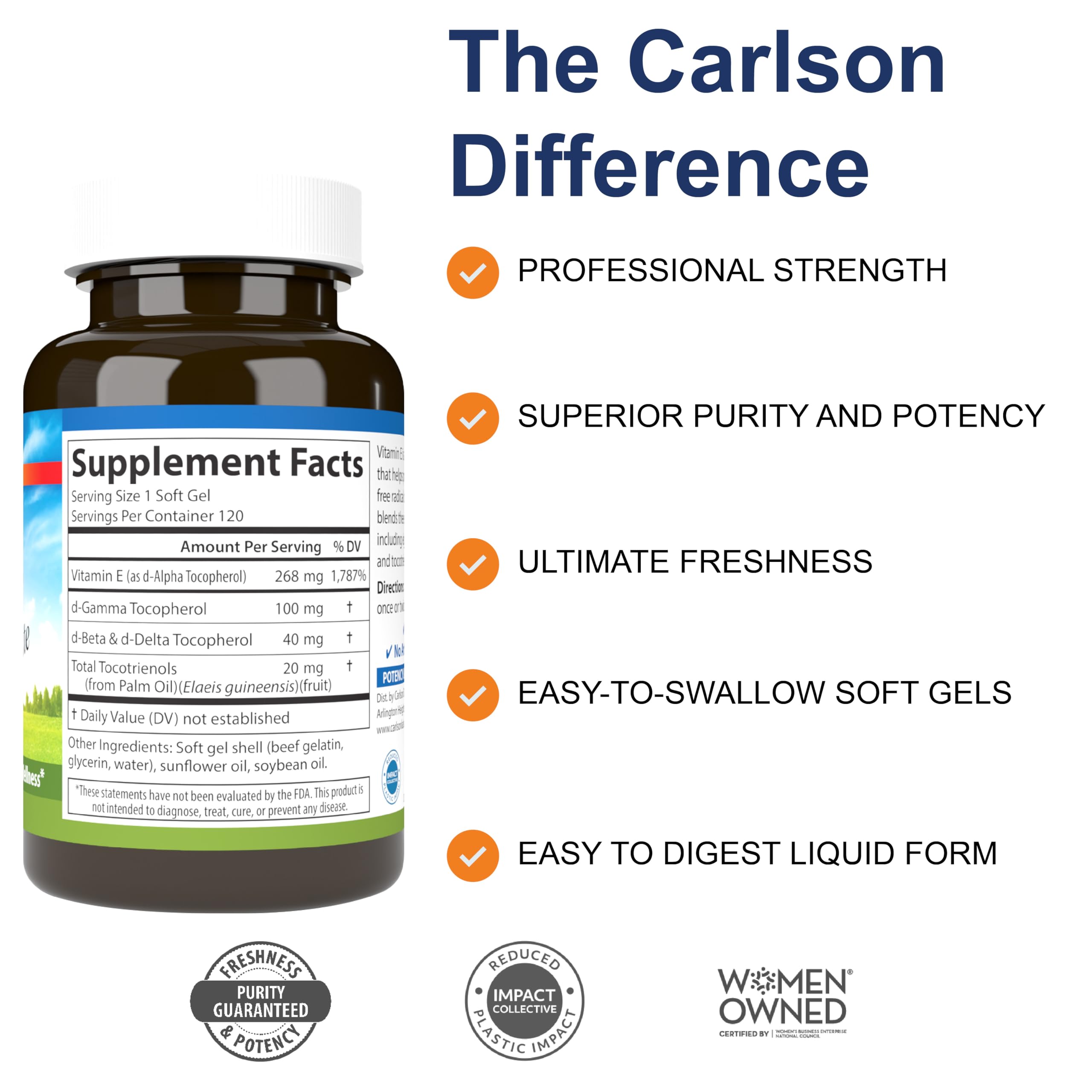 Carlson E-Gems Elite, etiquette du flacon, information sur les tocophérols et tocotriénols.