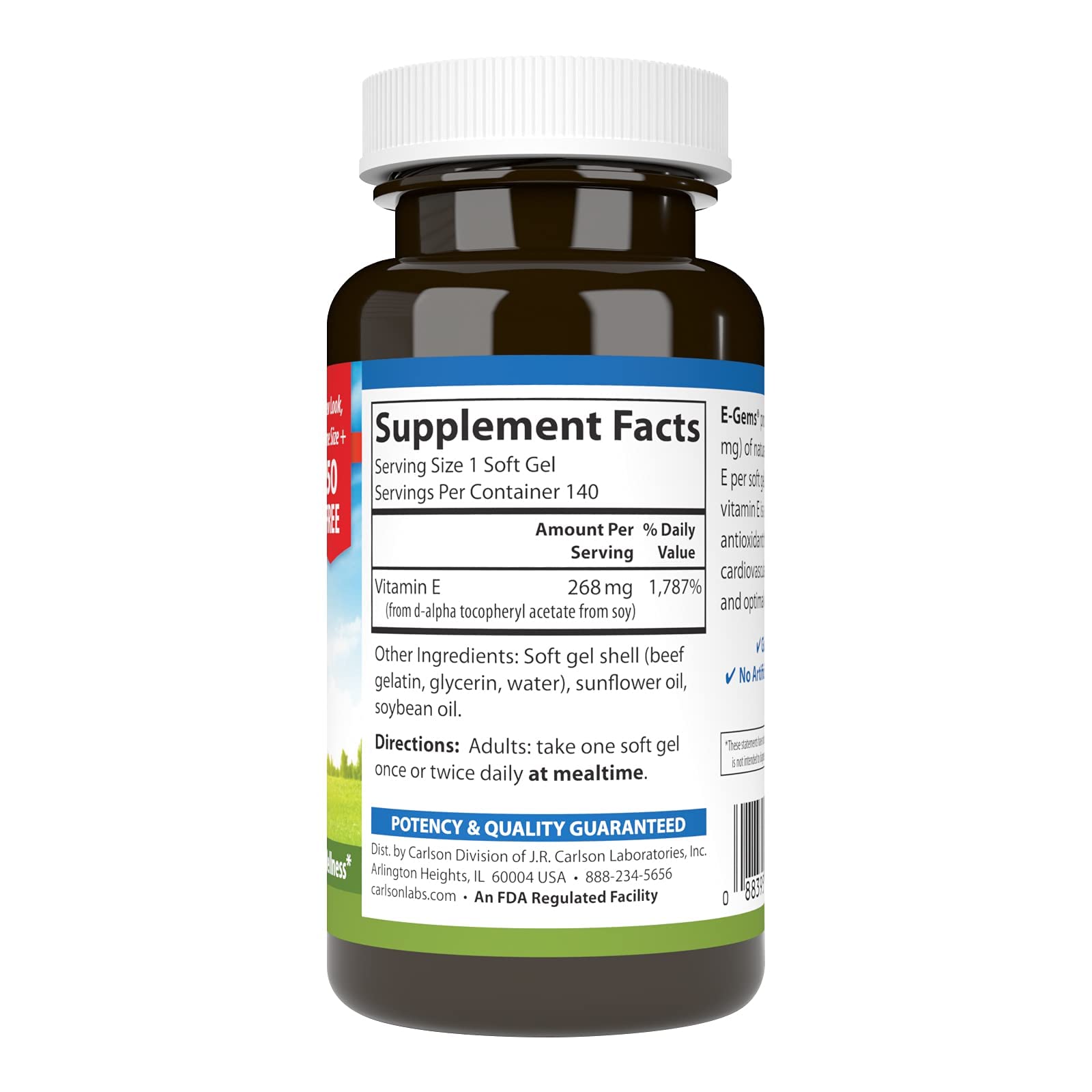 Carlson E-Gems : étiquette nutrition visible indiquant 400 UI par gélule.