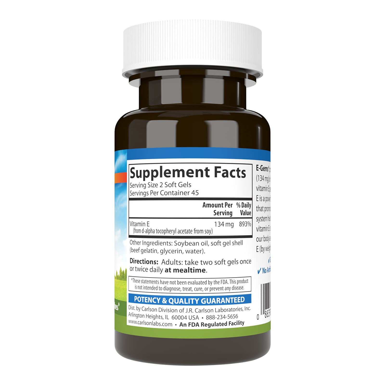 Carlson E-Gems : etiquette-produit montrant la concentration en vitamine E et les conseils d’utilisation.